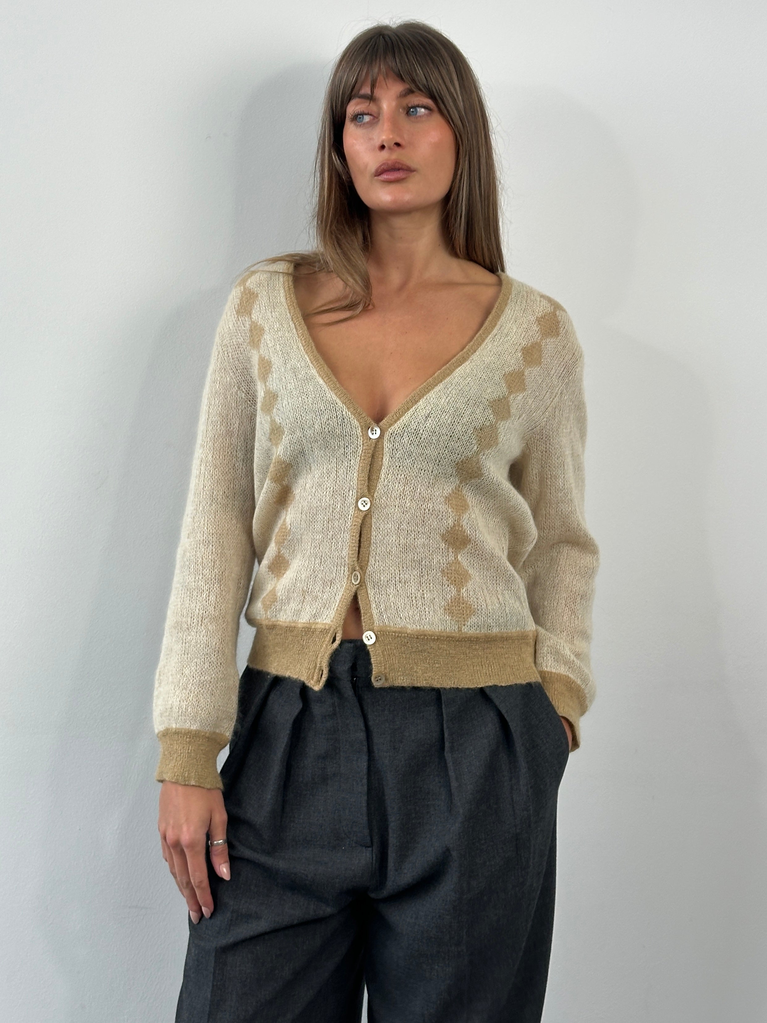 Vintage Italian 1980s mohair cardigan in S/M, soft knit with retro style and textured fabric, classic vintage fashion piece.