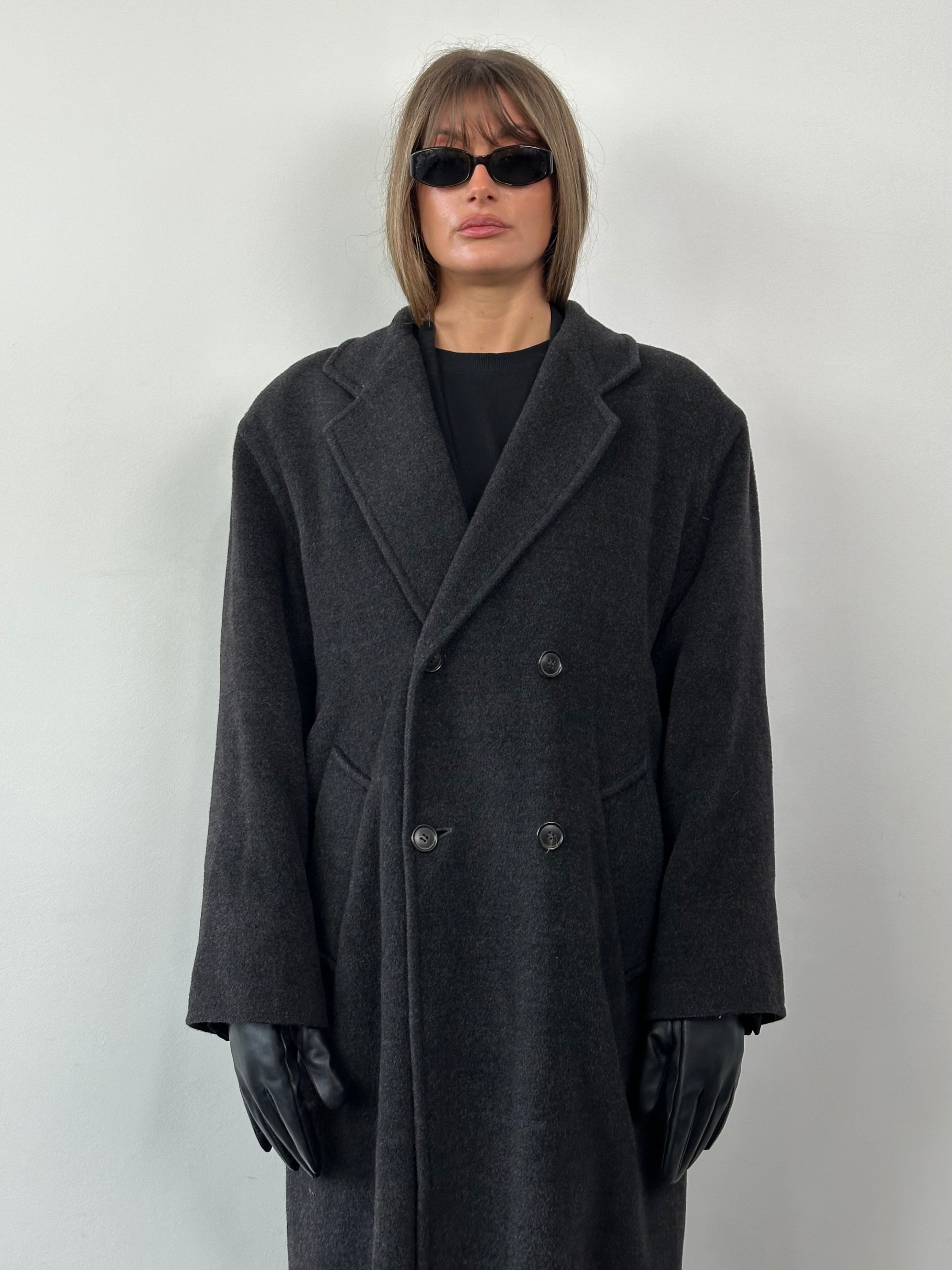 Marella wool cashmere double-breasted floor-length coat in XL, with wide lapels and button details, hanging on a clothing rack.