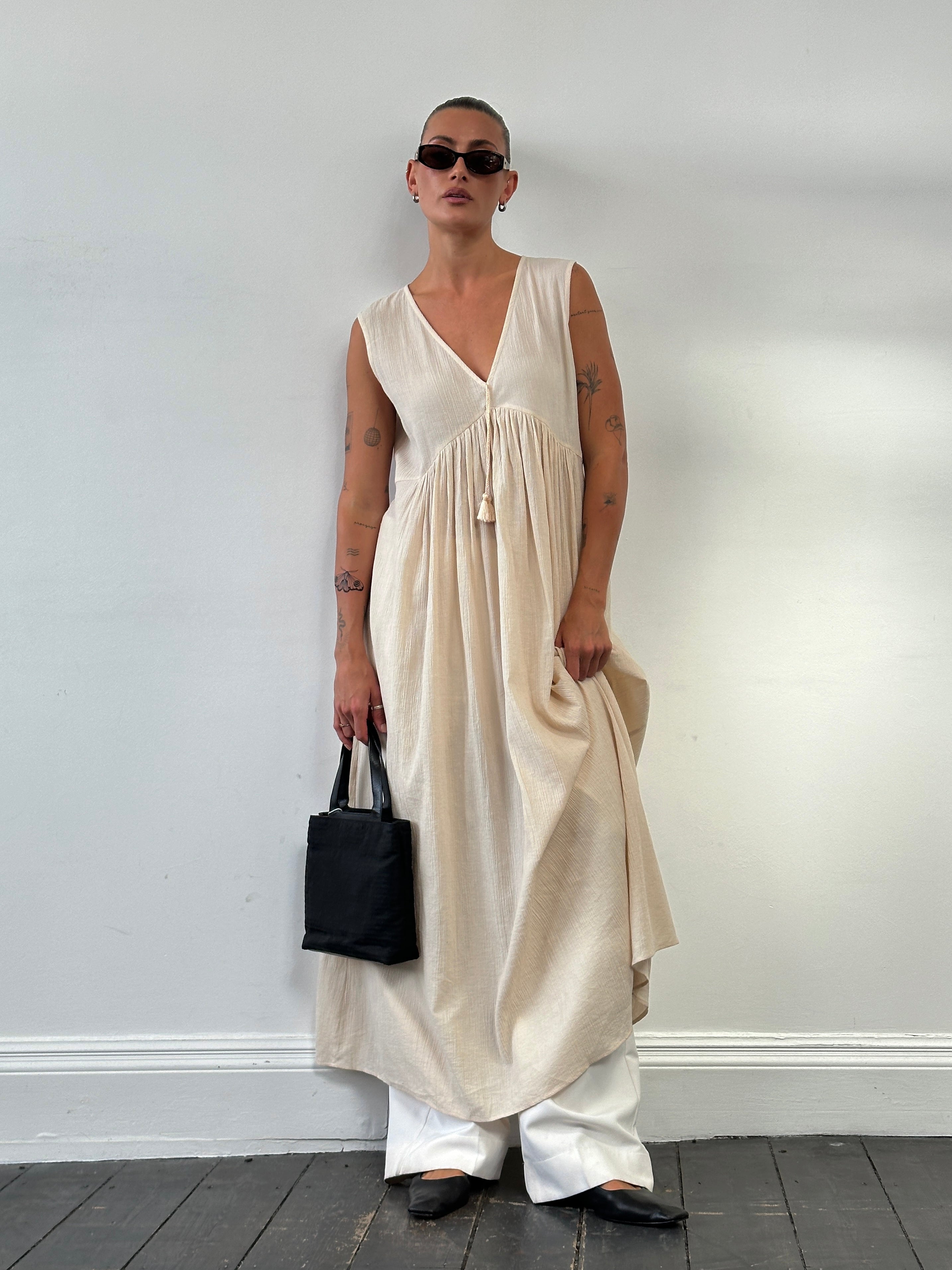 Max Mara pure cotton floor-length sun dress in a soft, flowing fabric, UK12, featuring a sleeveless design and elegant silhouette.