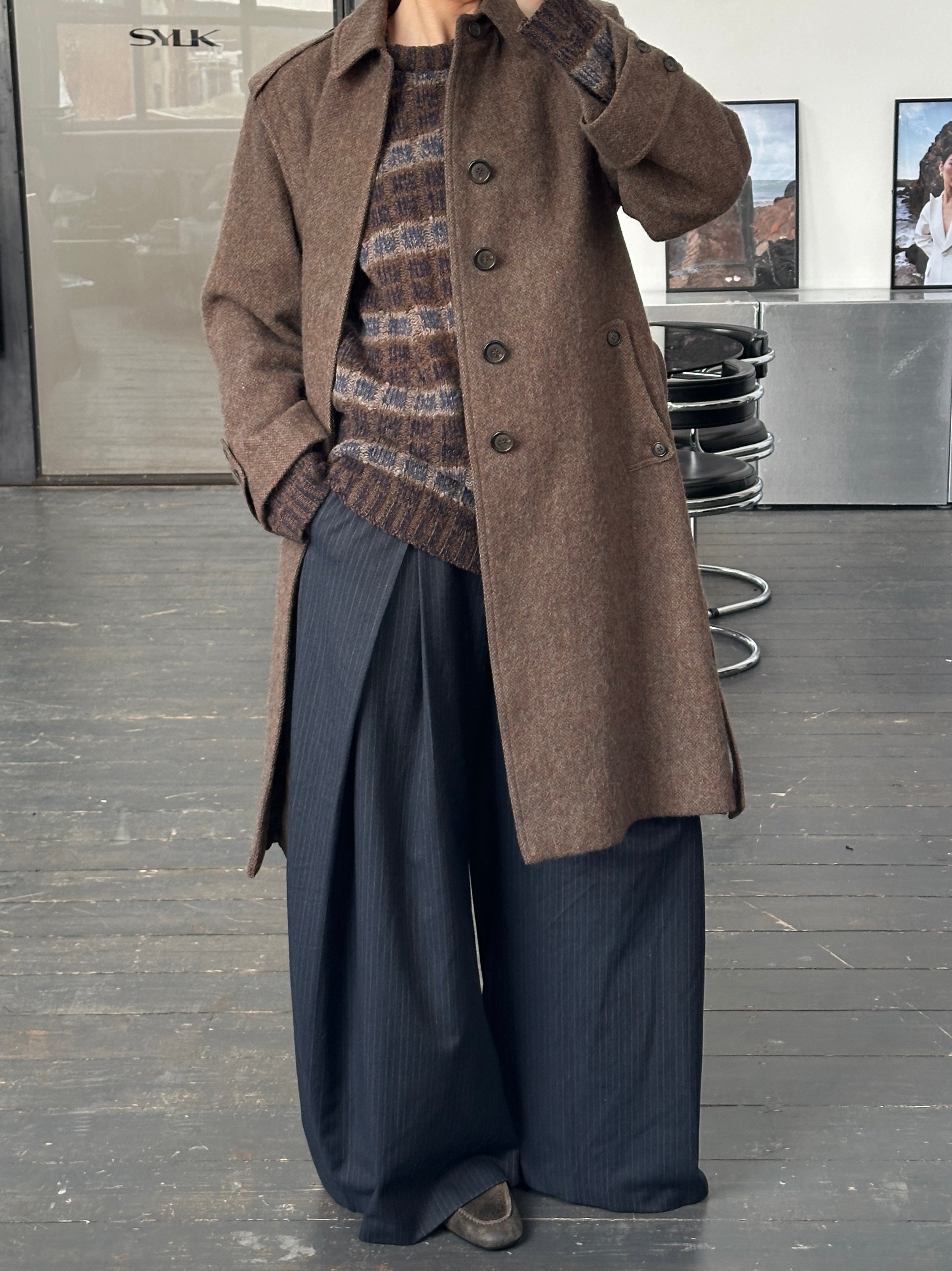 Vintage Italian 1990s wool mohair belted single-breasted coat, size large, with classic tailored style and textured fabric.