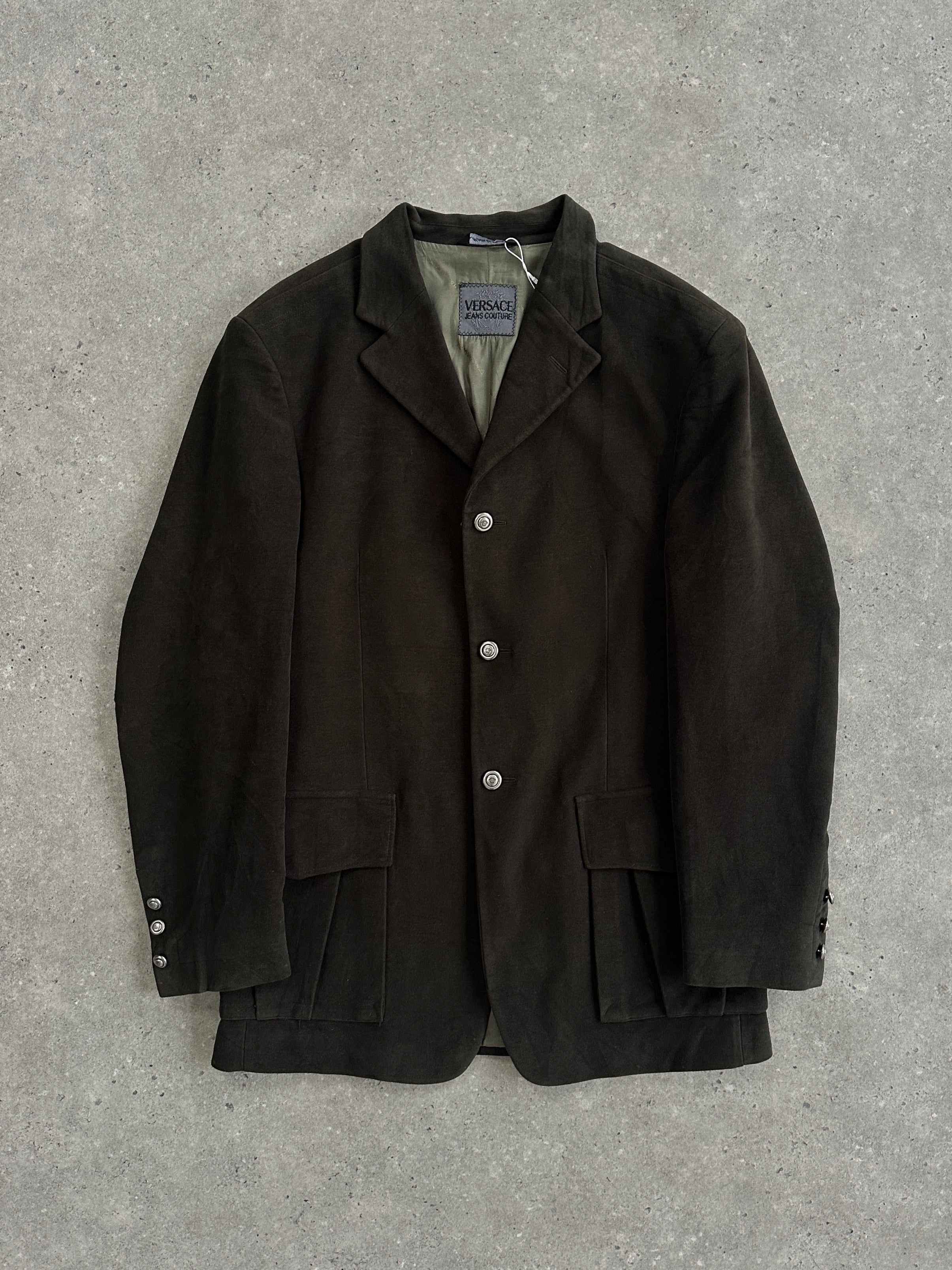 Versace Jeans Couture bespoke cotton blazer with Medusa buttons, featuring classic tailored design in black, size 40R/L.
