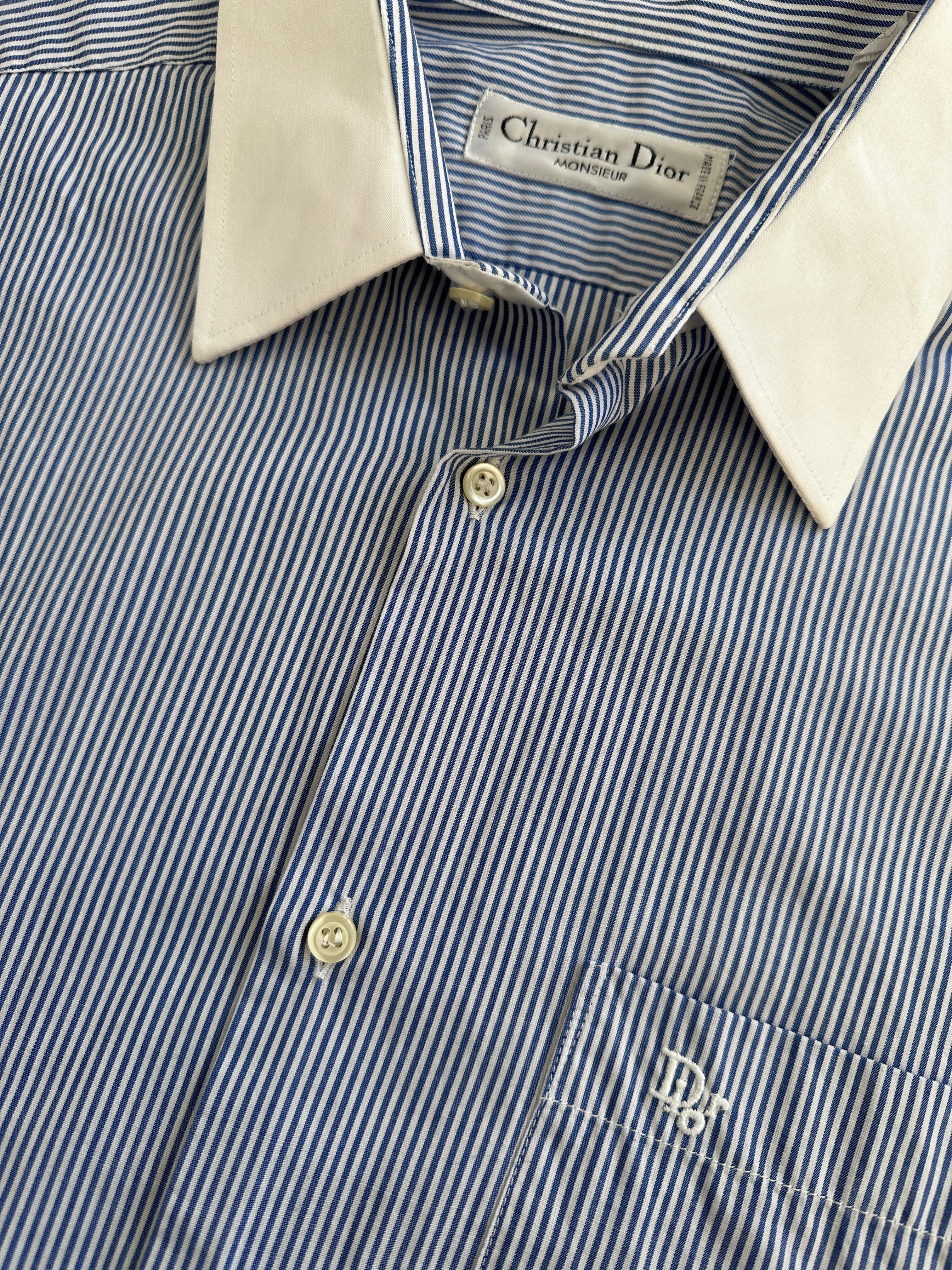 Christian Dior Monsieur 1980s cotton logo stripe shirt, men's size L, featuring classic Dior branding and colorful striped pattern.