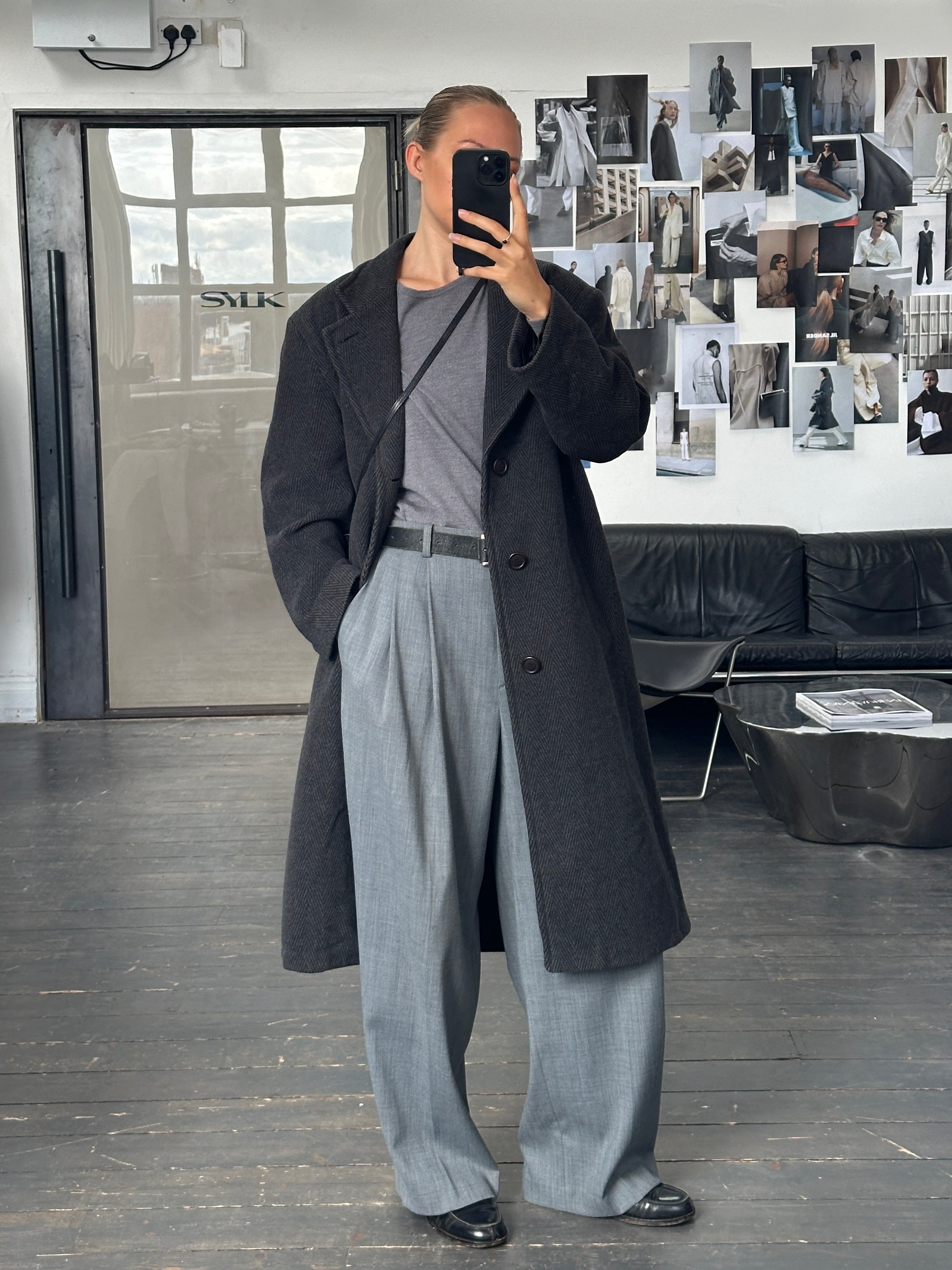 Vintage Italian 1980s wool and cashmere herringbone coat in XL, showcasing classic textured fabric and timeless design.