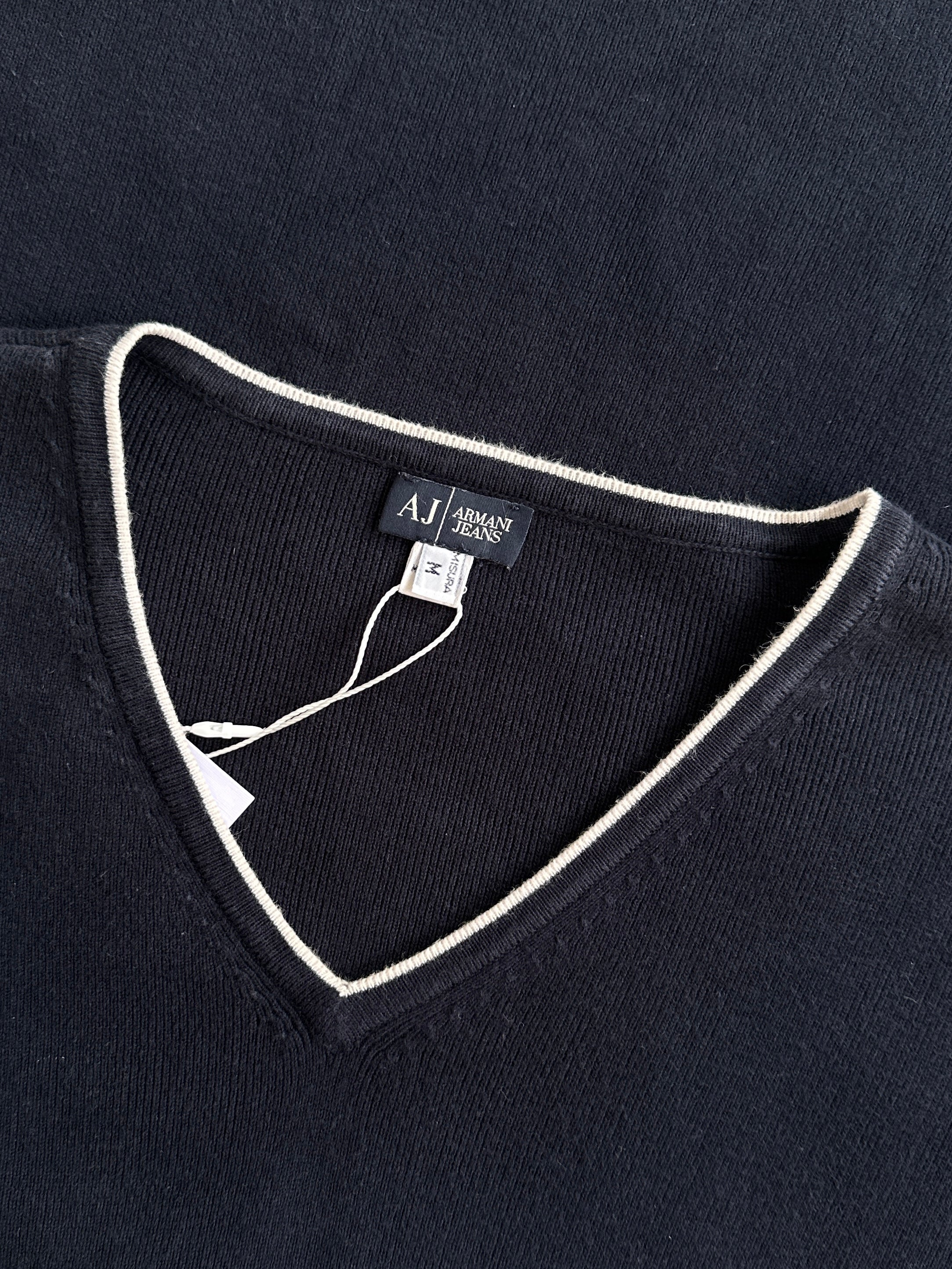 Armani Jeans pure cotton V-neck jumper in black, men's size M/L, featuring a classic fit and smooth knit texture.