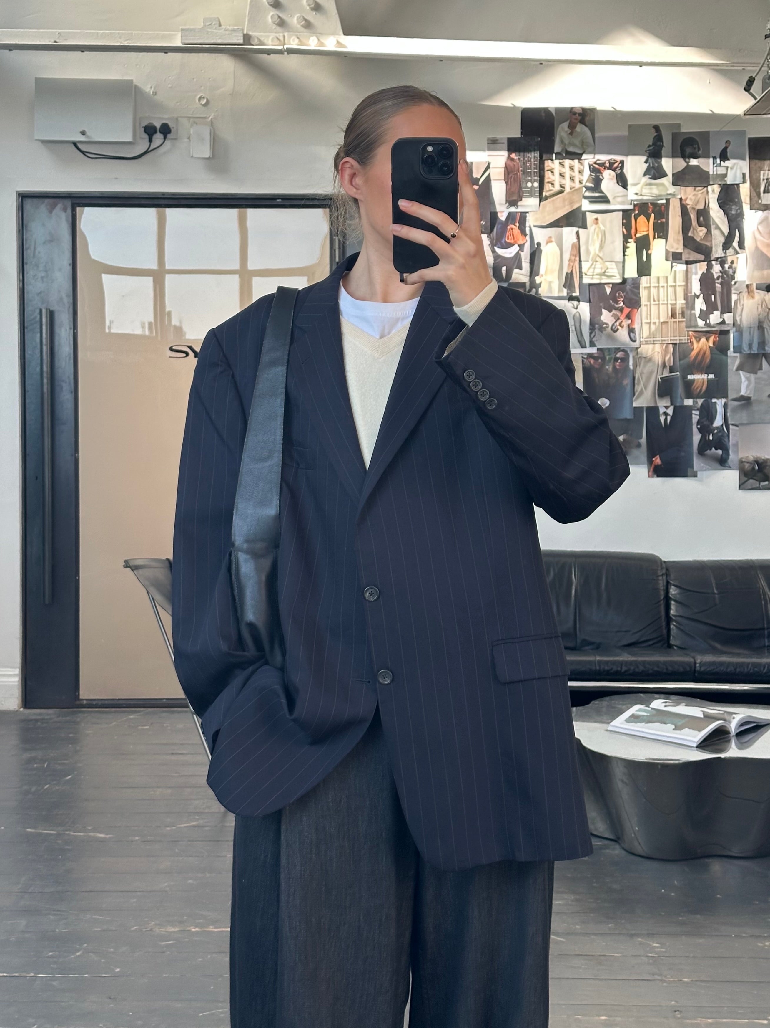 Burberry London 2000s wool stripe single-breasted blazer in size 48R/XXL, featuring classic tailored design and bold striped pattern.