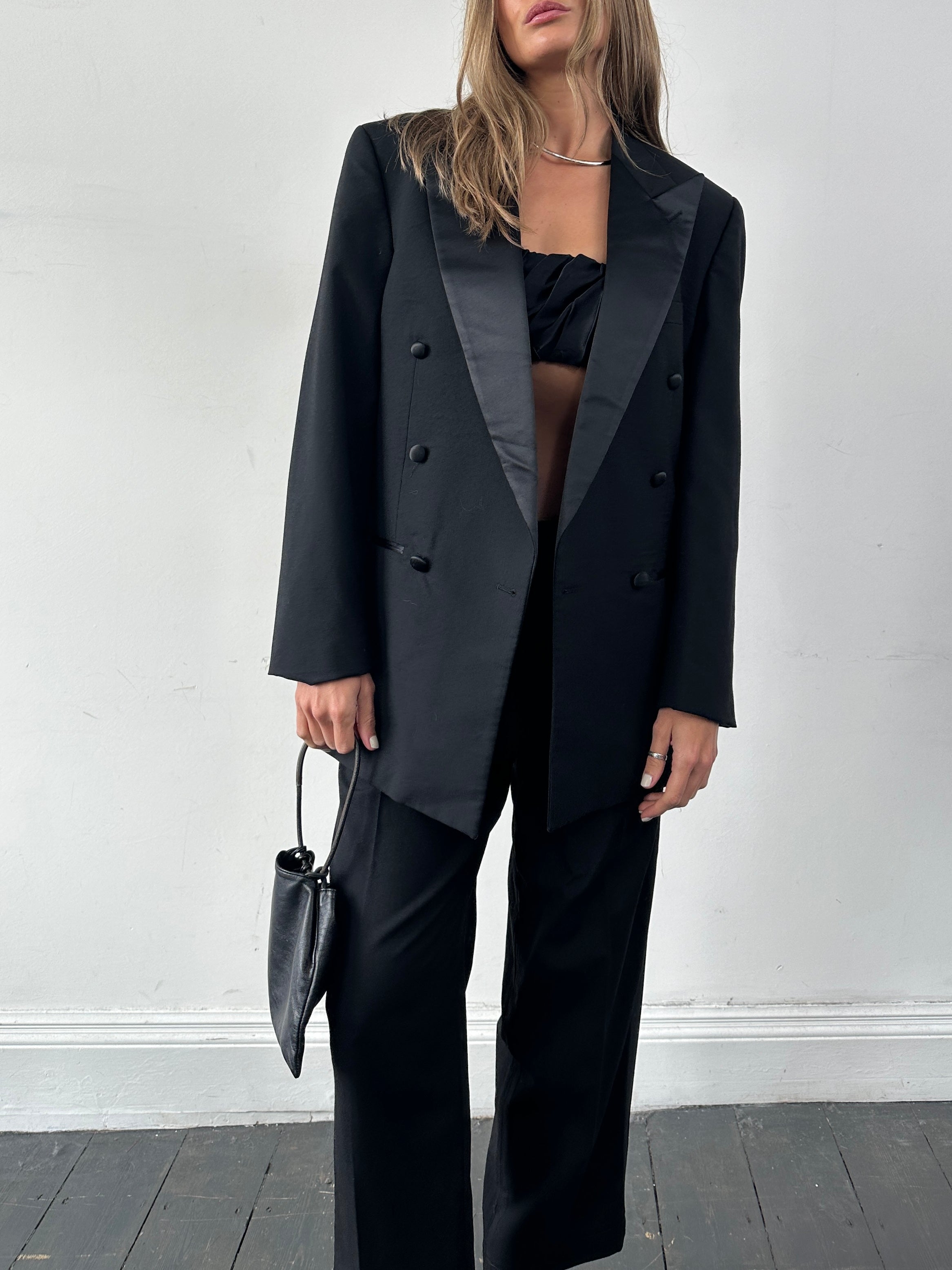 Vintage pure wool vintage tuxedo jumpsuit, double-breasted design, size 38R/W26-32, featuring classic tailored details.