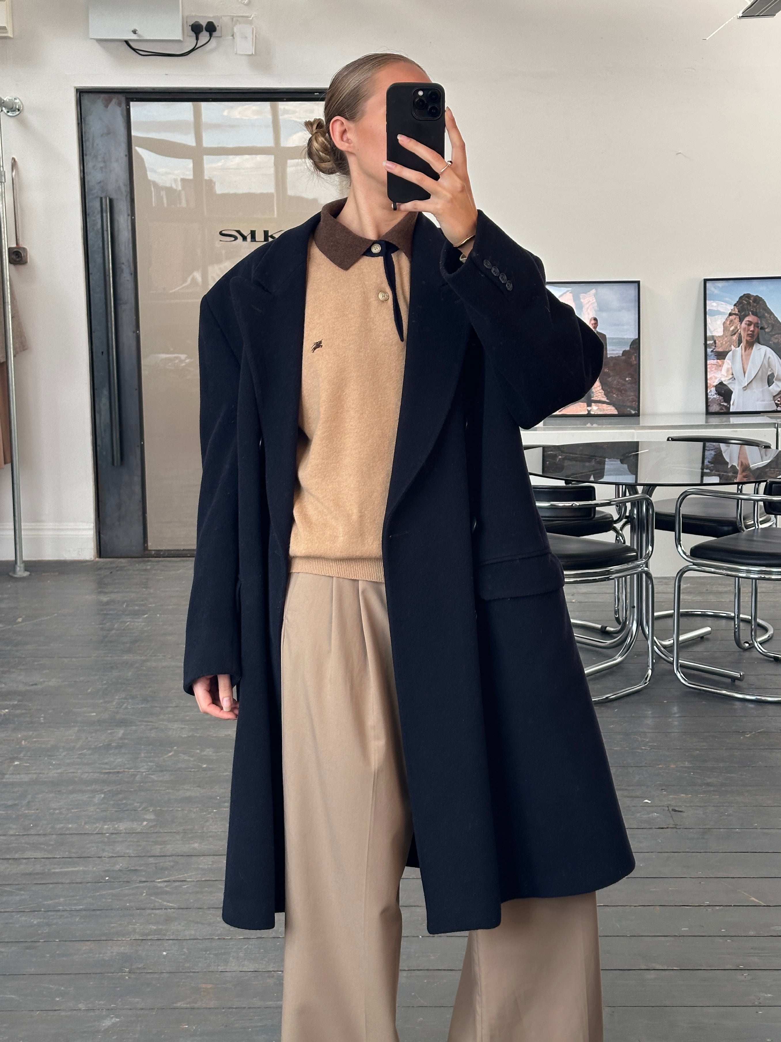 Vintage 1990s wool cashmere double-breasted coat in XXL, featuring classic design and rich texture, perfect for cold weather.