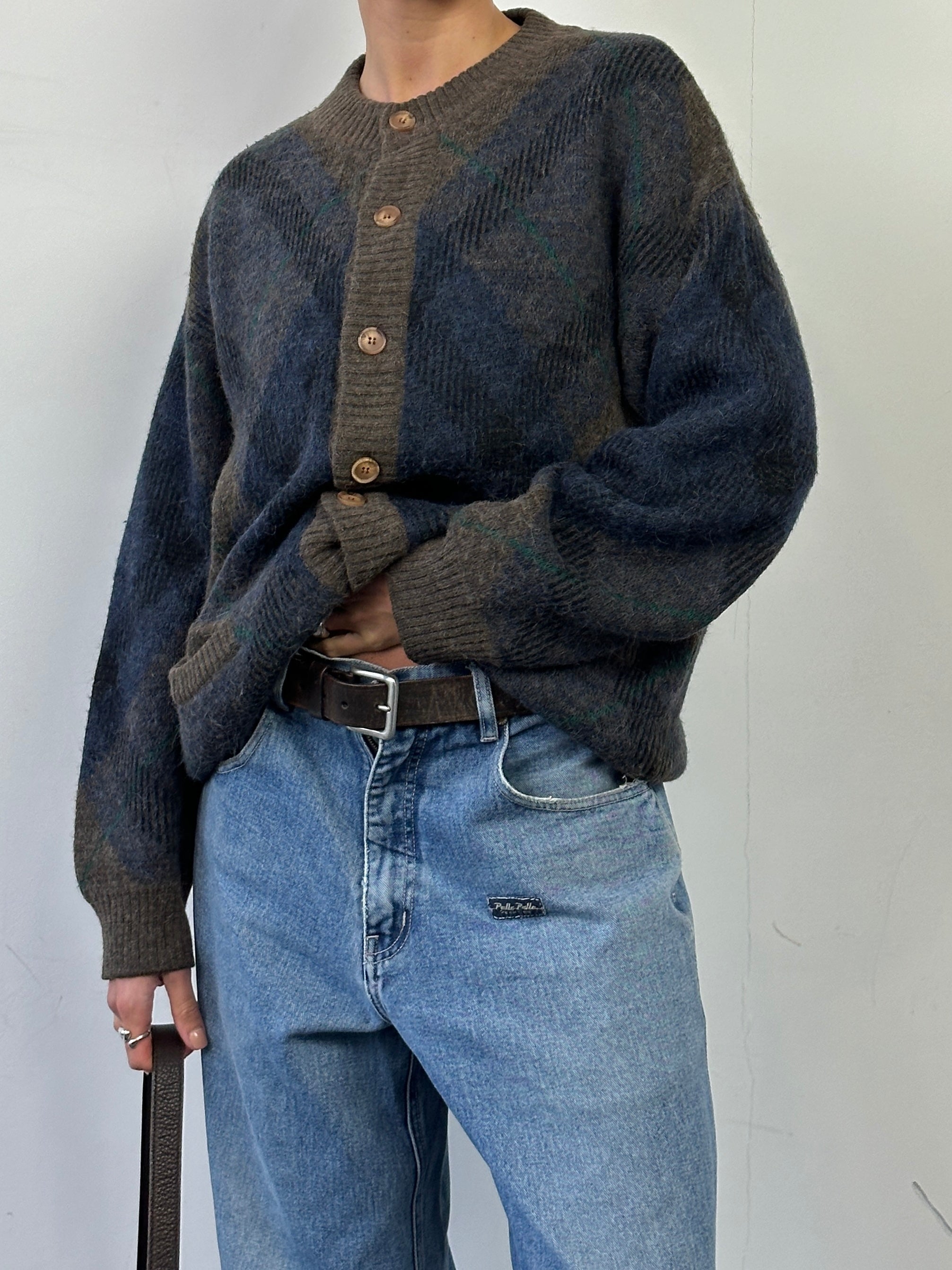 Italian vintage alpaca wool print cardigan in size L/XL, featuring a cozy, patterned knit design and classic button closure.