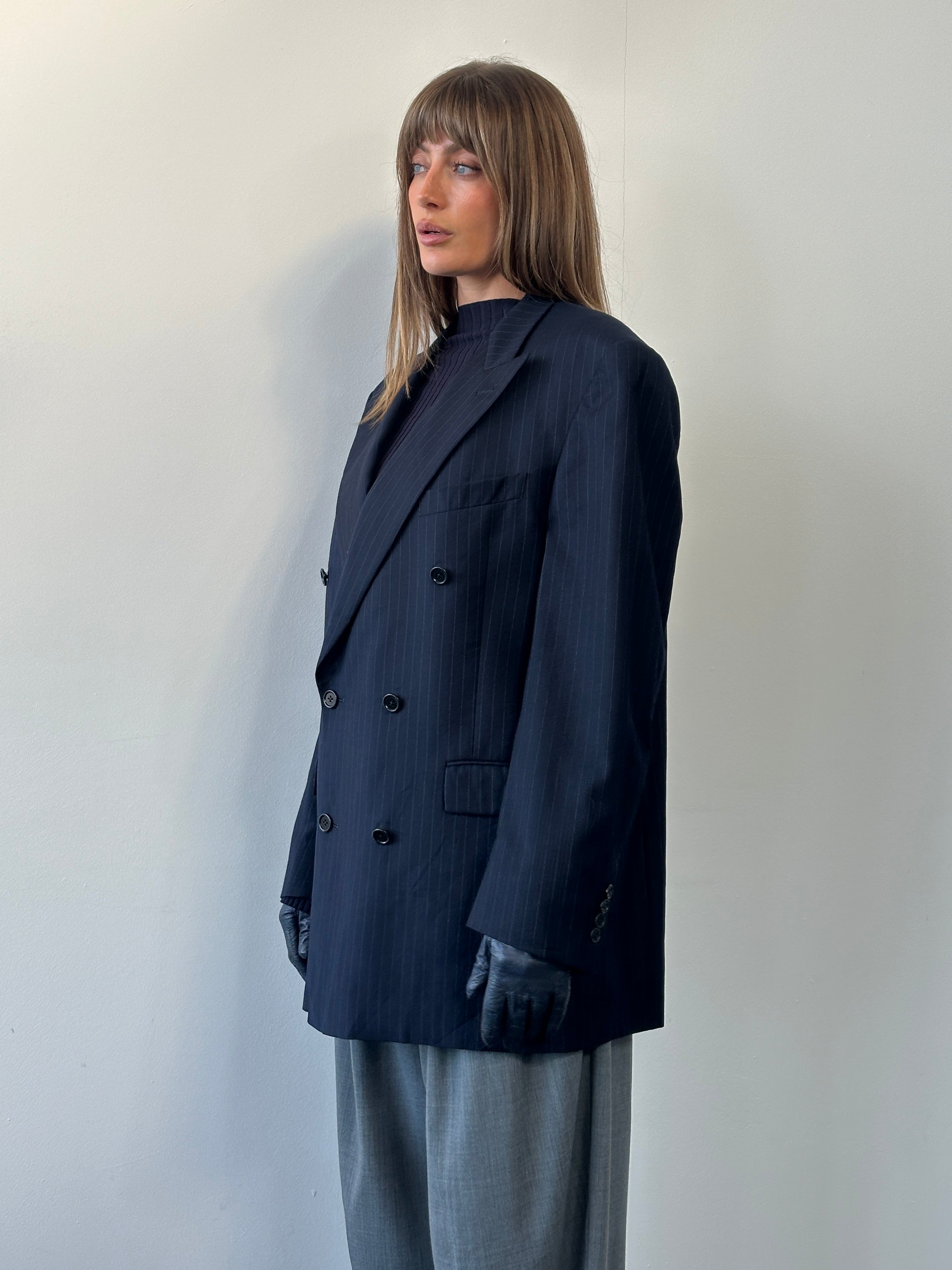 Daniel Cremieux x Loro Piana 1990s pure wool striped double-breasted blazer, size 42R/XL, with classic tailored fit.