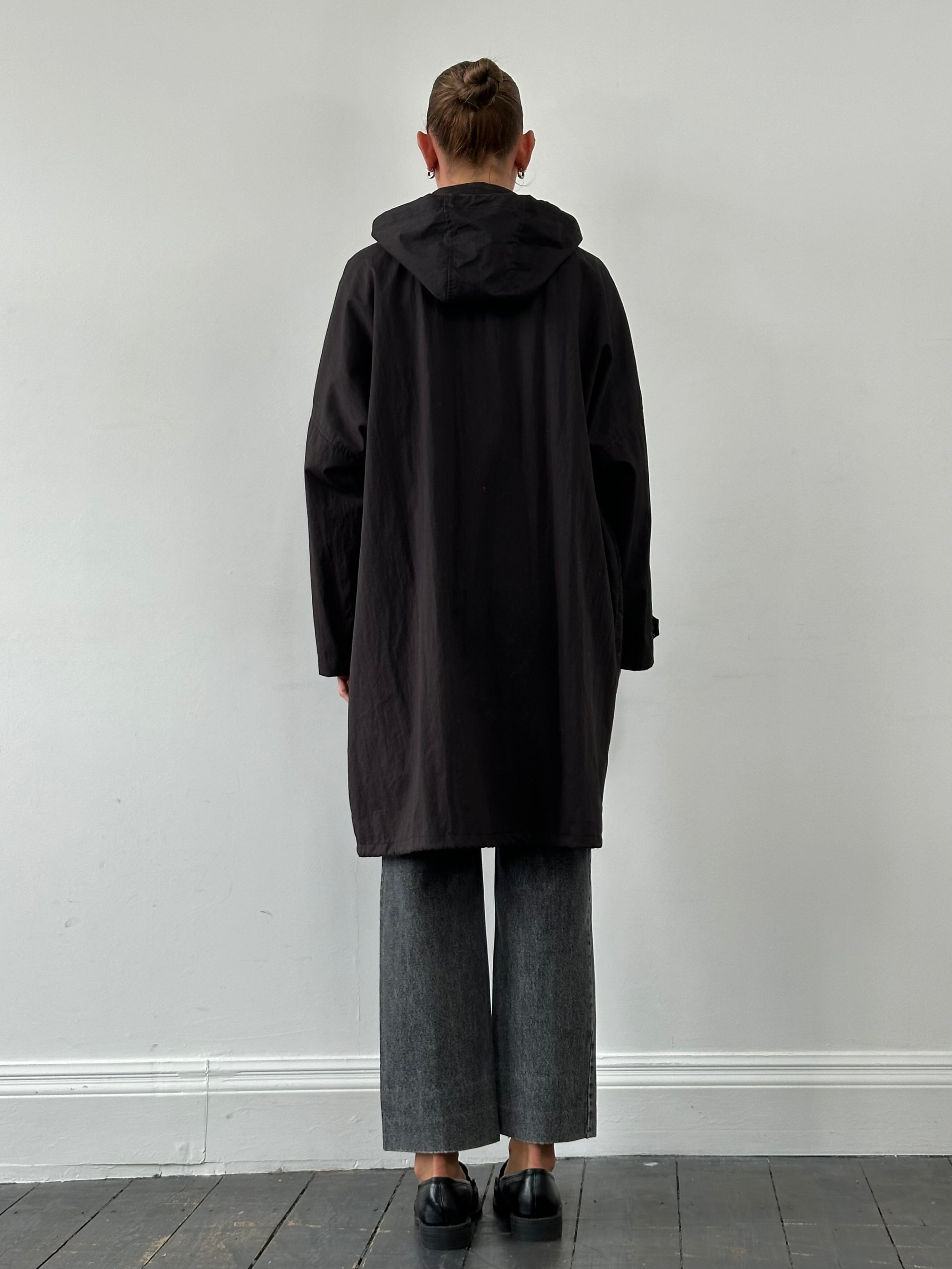 Gianfranco Ferre crinkle hooded parka coat in XL with a relaxed fit and drawstring hood, stylish winter outerwear.