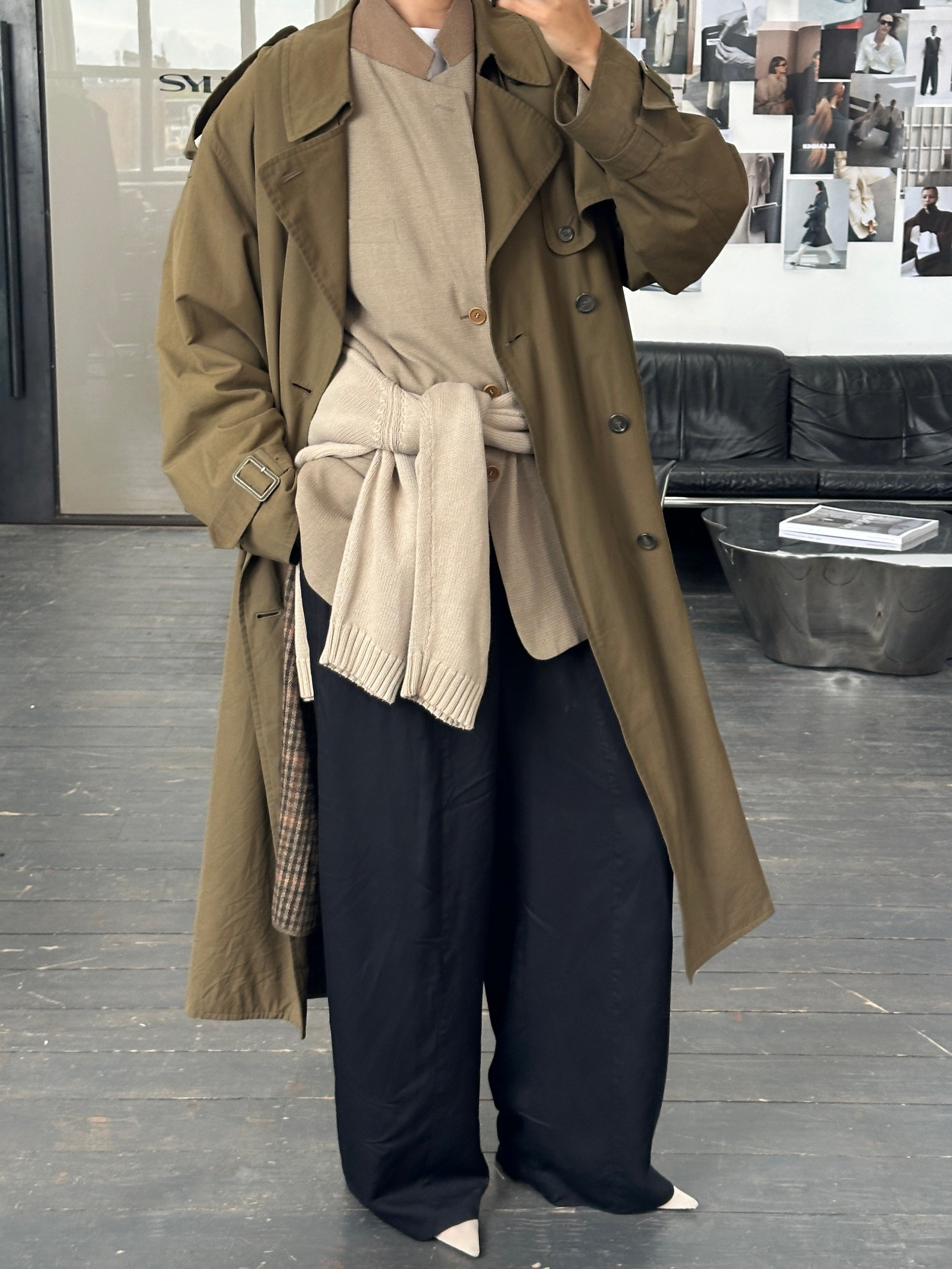 London Fog 1980s high neck belted trench coat in XXL, shown on a hanger with classic beige fabric and waist belt detail.