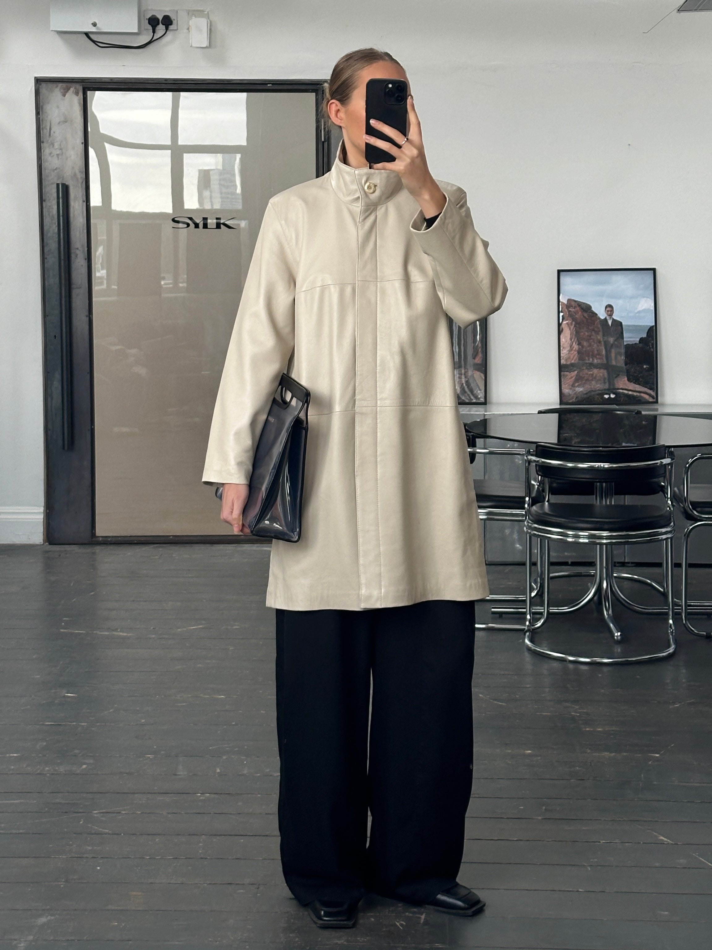 Vintage 1990s High Neck Leather Trench Coat - L - SYLK