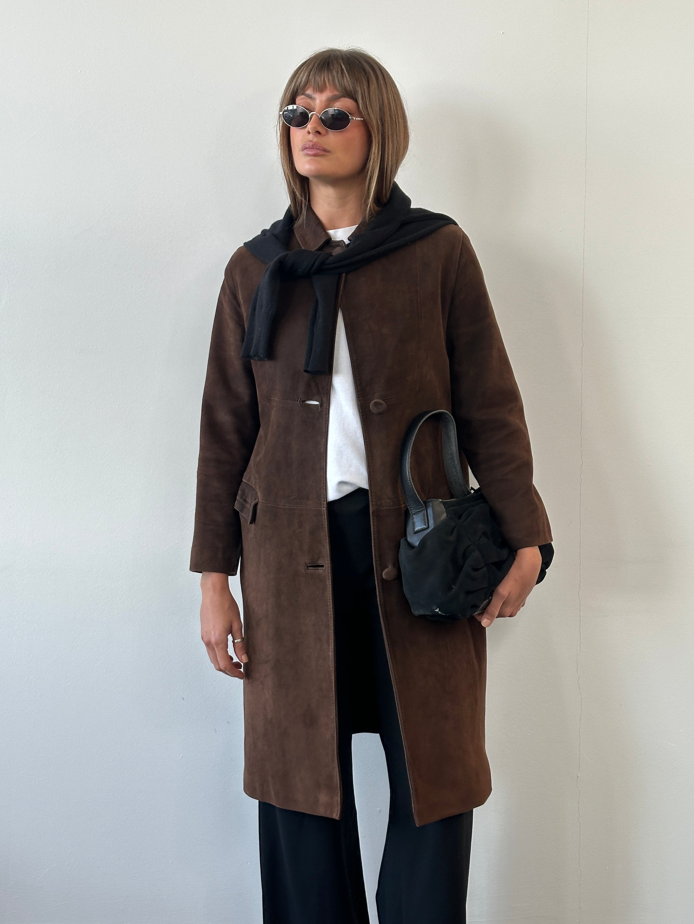 Pierre Balmain 1980s alligator suede trench coat, men's size S/M, stylish vintage jacket with classic design and textured suede finish.