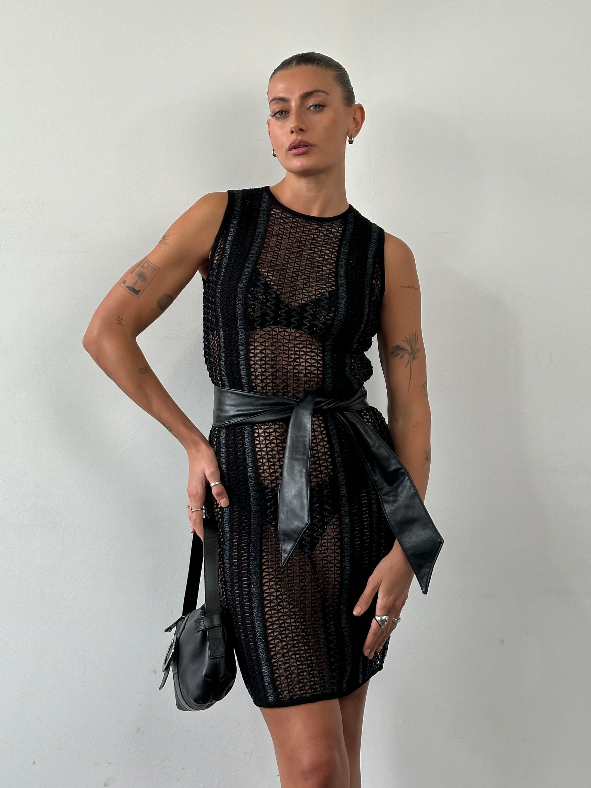 Vintage rattan crochet mini dress, S/M size, featuring intricate vintage-style design and lightweight fabric.