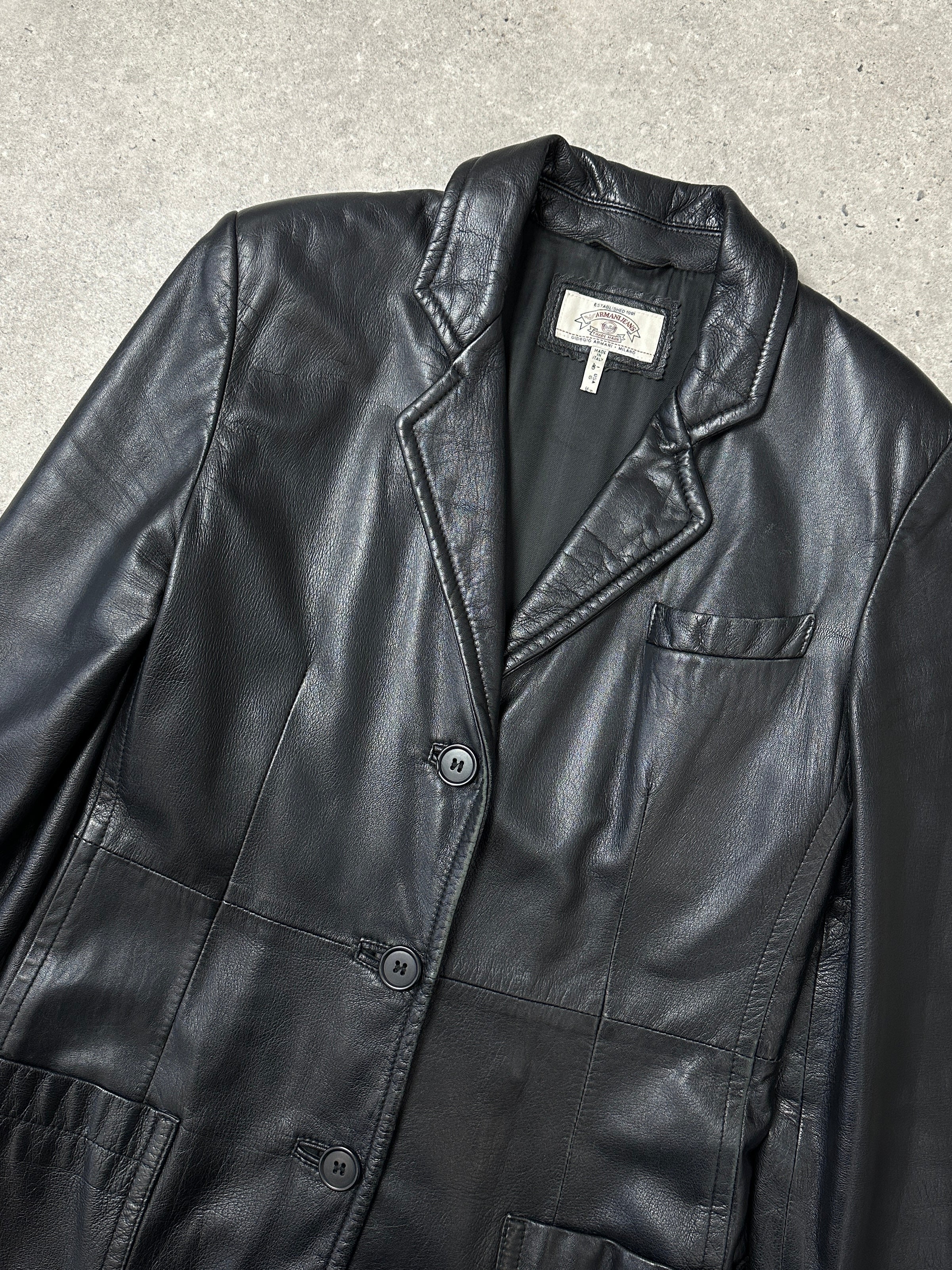 Armani leather trench coat, XS size, stylish women's jacket with smooth black leather and classic design details.