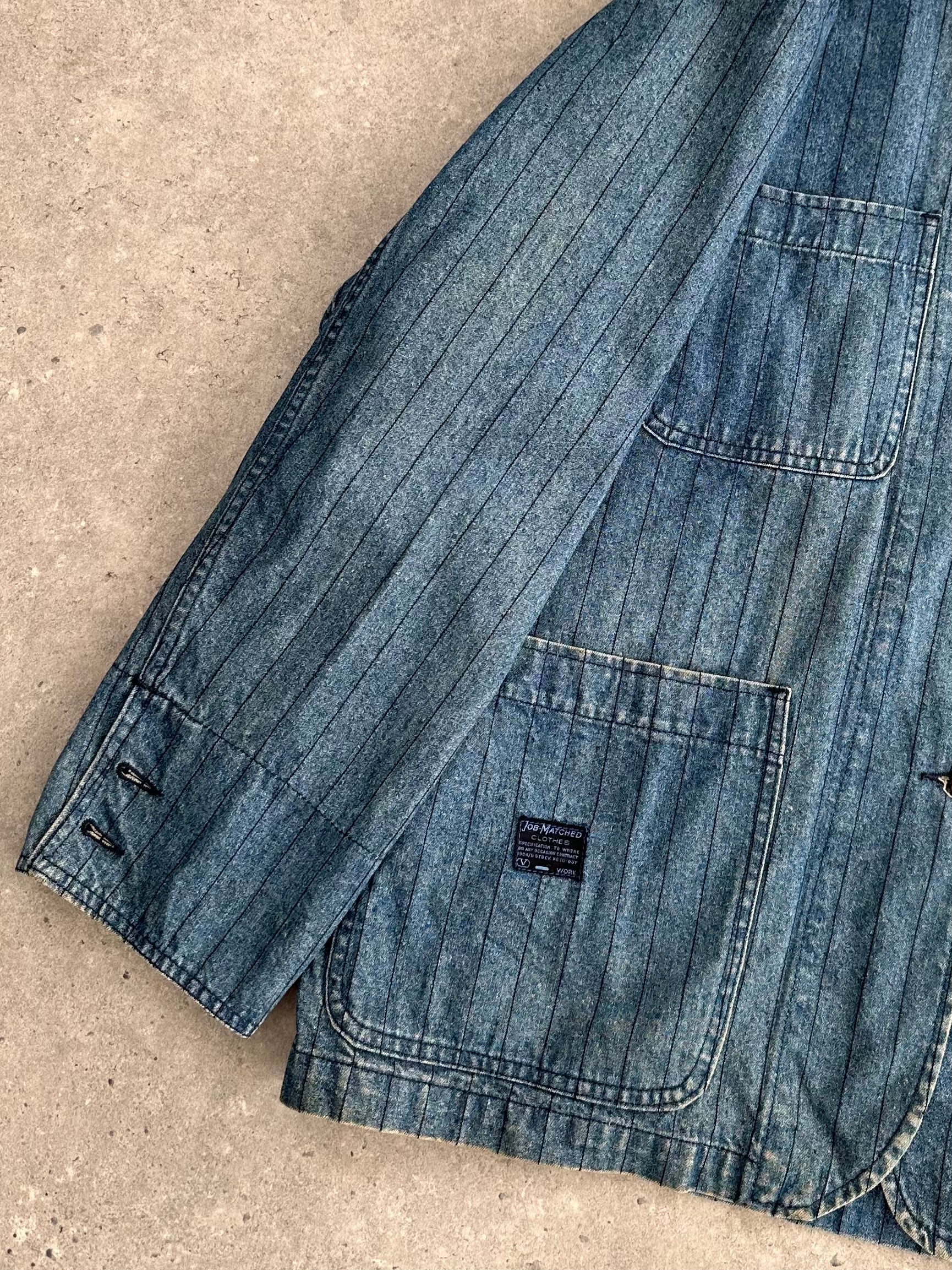 Valentino workwear denim pinstripe jacket in XL, featuring a classic denim design with pinstripe details and tailored fit.