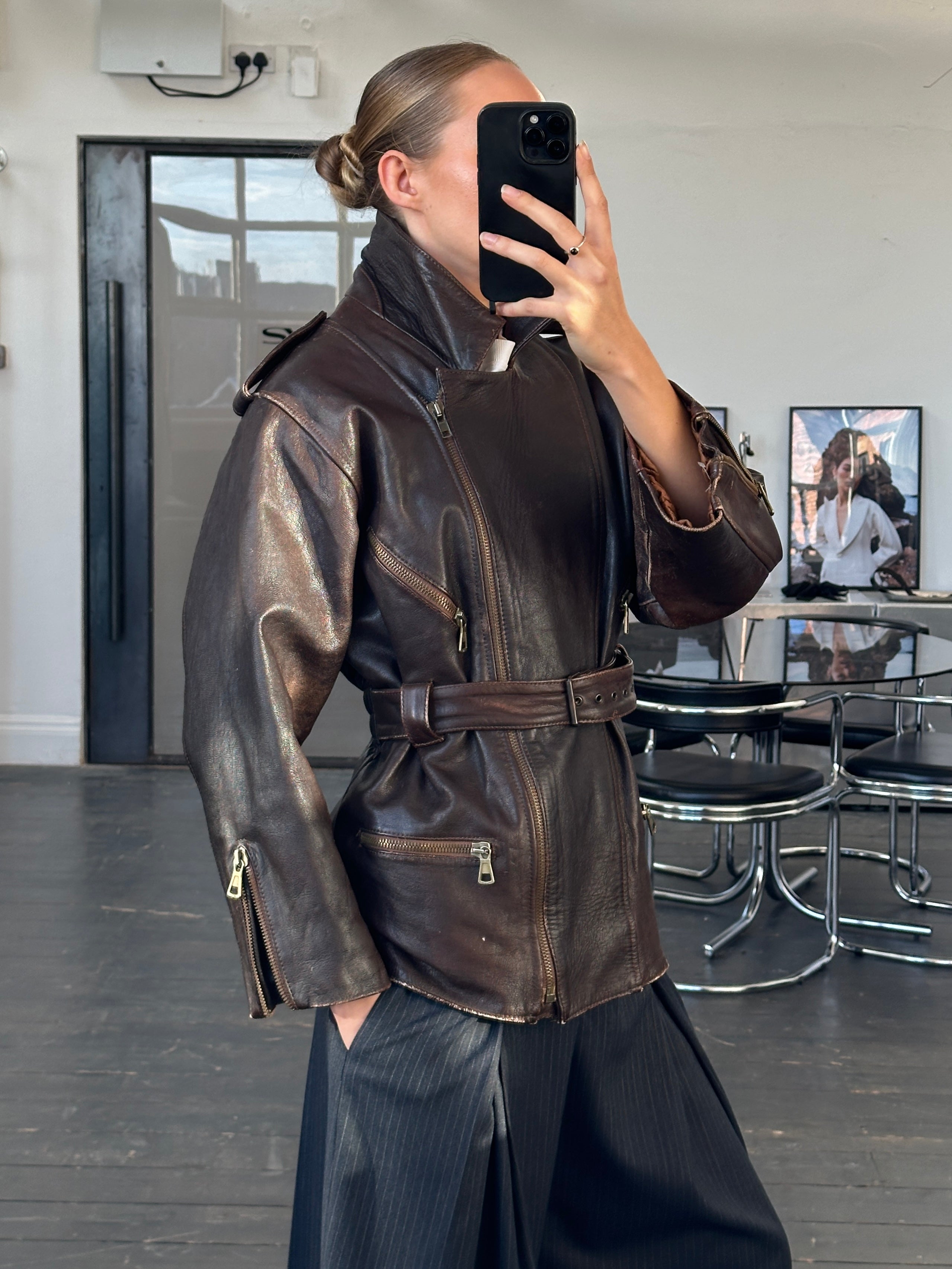 Vintage Italian 1990s aged leather belted jacket, size M, featuring classic design and distressed leather details.