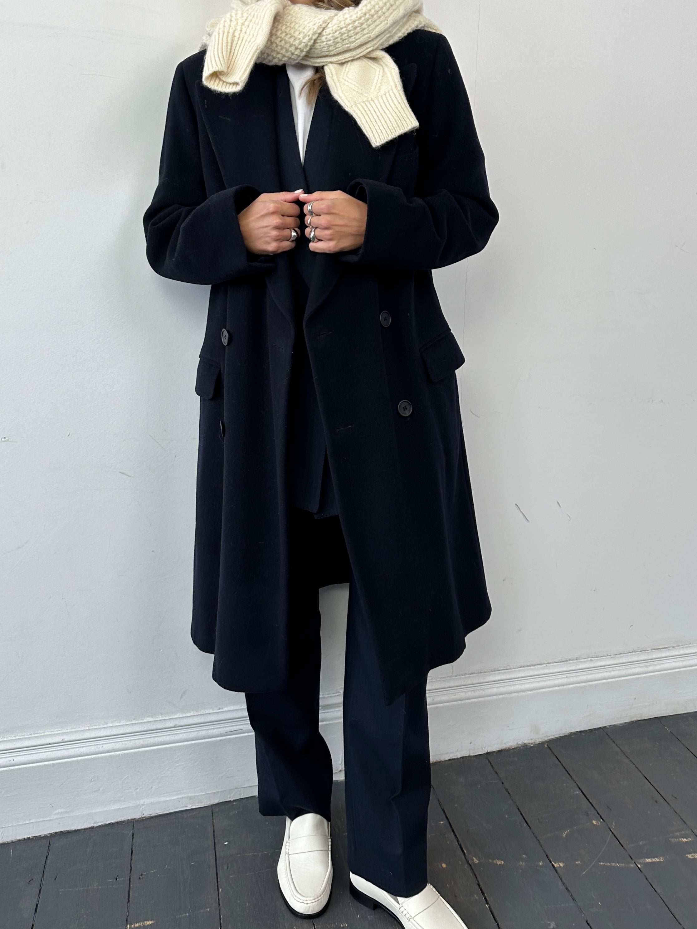 Giorgio Armani pure wool double-breasted coat in size L, featuring a classic tailored design and button details.