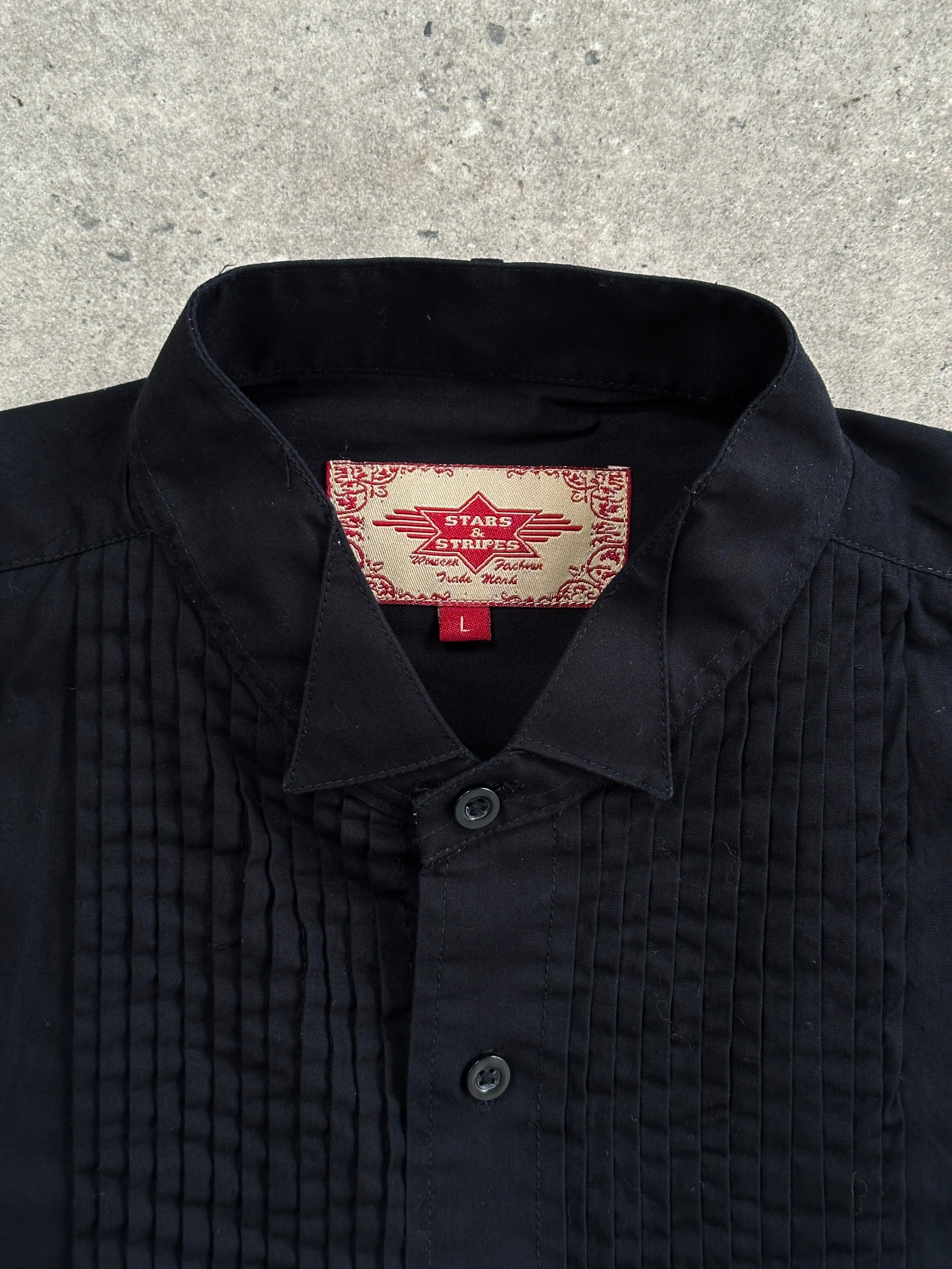 Vintage pure cotton tuxedo shirt in XL size, featuring classic design and crisp white fabric, displayed on a flat surface.