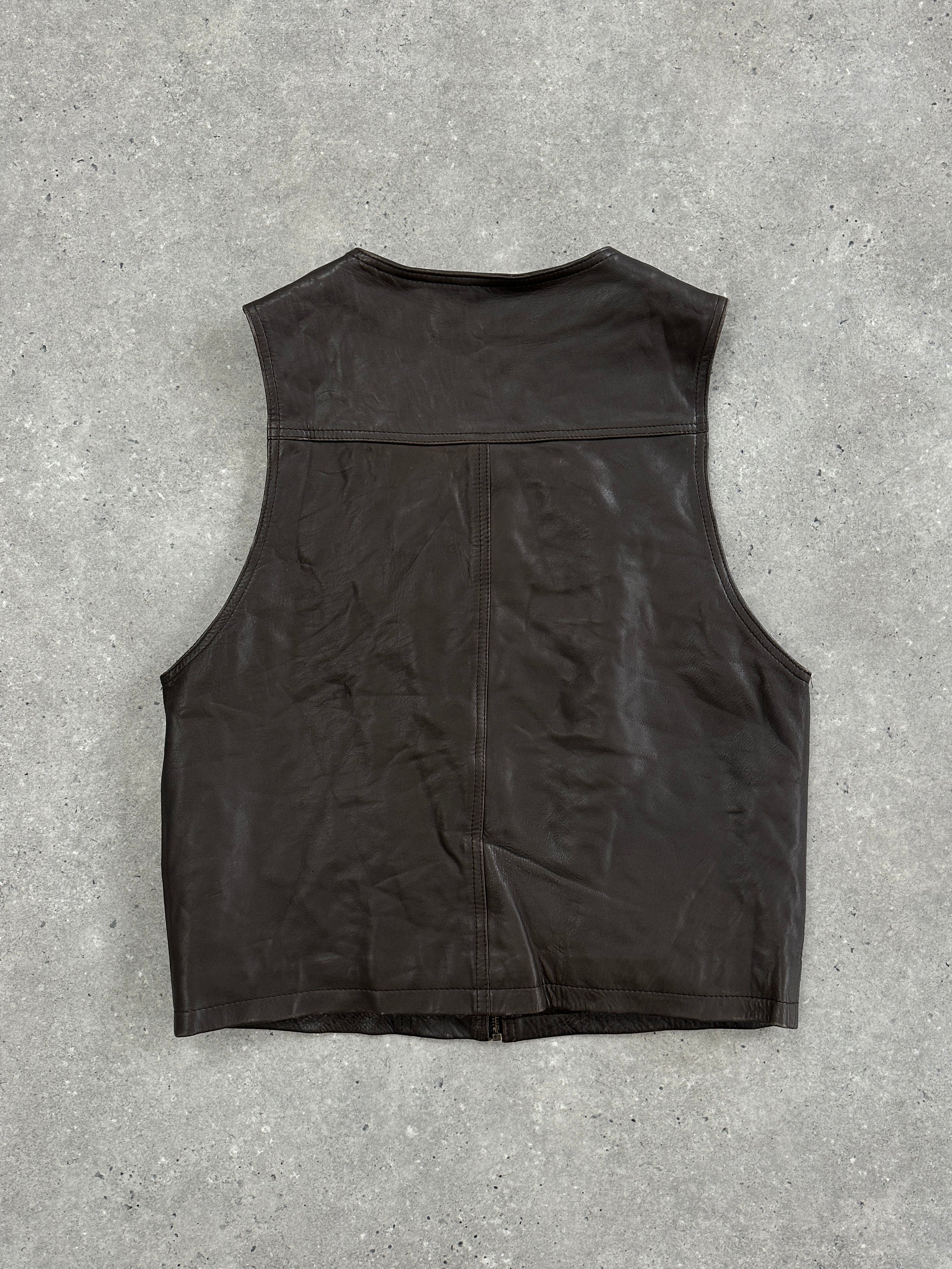 Vintage 1990s front zip leather waistcoat, size large, featuring classic leather design and vintage style details.