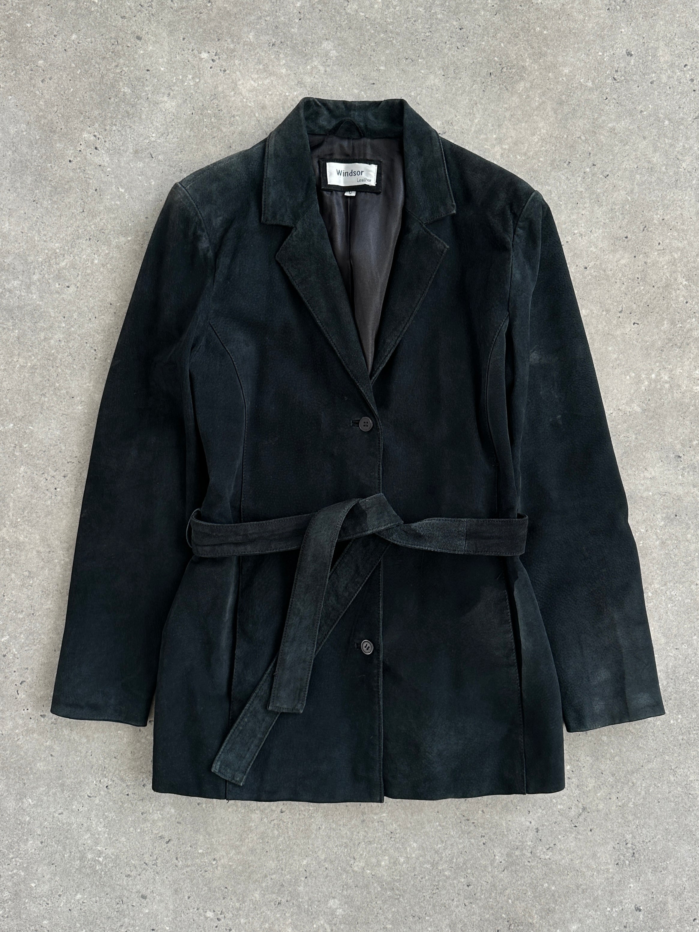Vintage 1990s suede belted leather jacket in size S/M with classic style and natural wear visible on the textured suede material.