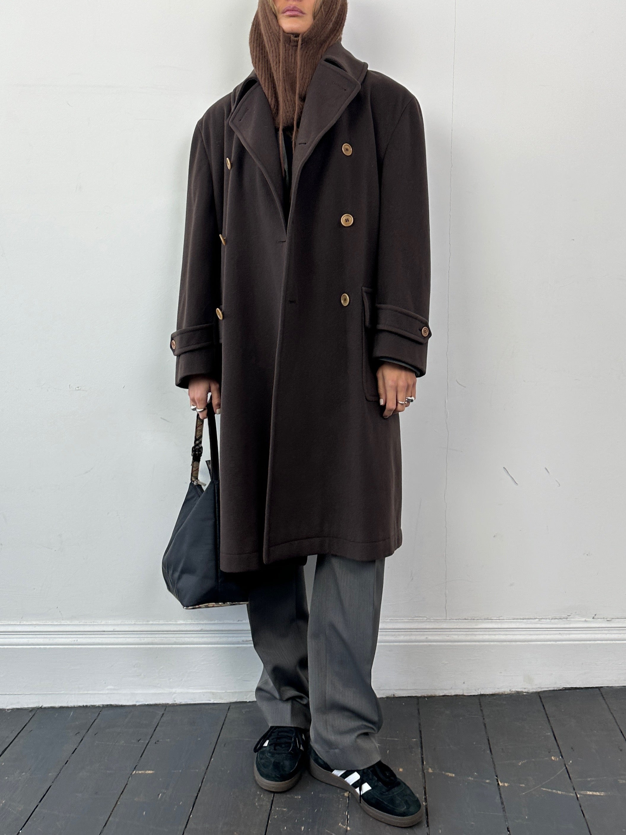 Valentino pure wool double-breasted coat in XL, featuring classic tailored design and stylish lapels, displayed on a hanger.