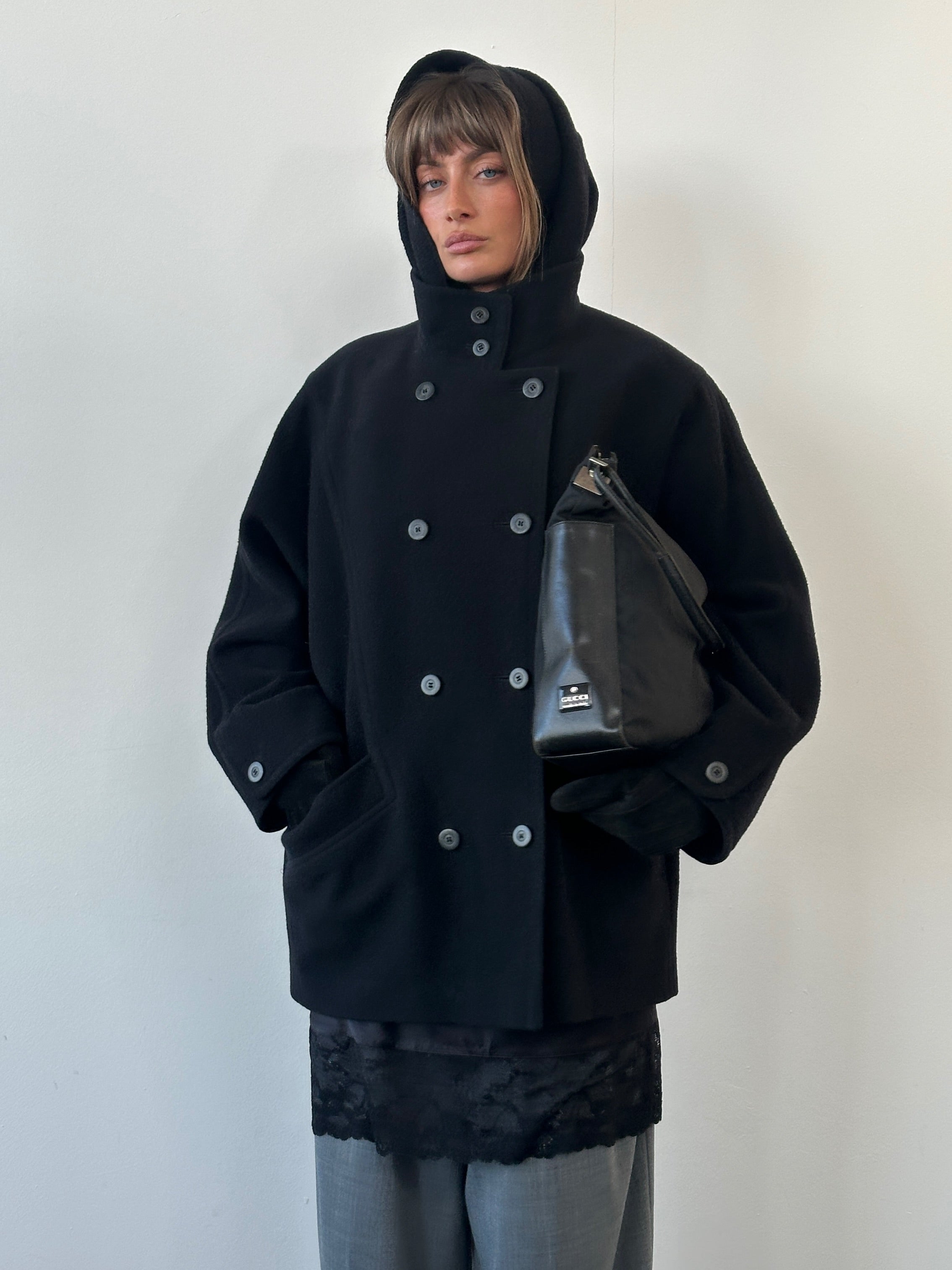 St Michael 1980s pure wool high neck double-breasted coat in XL, featuring a classic design and warm, textured fabric.