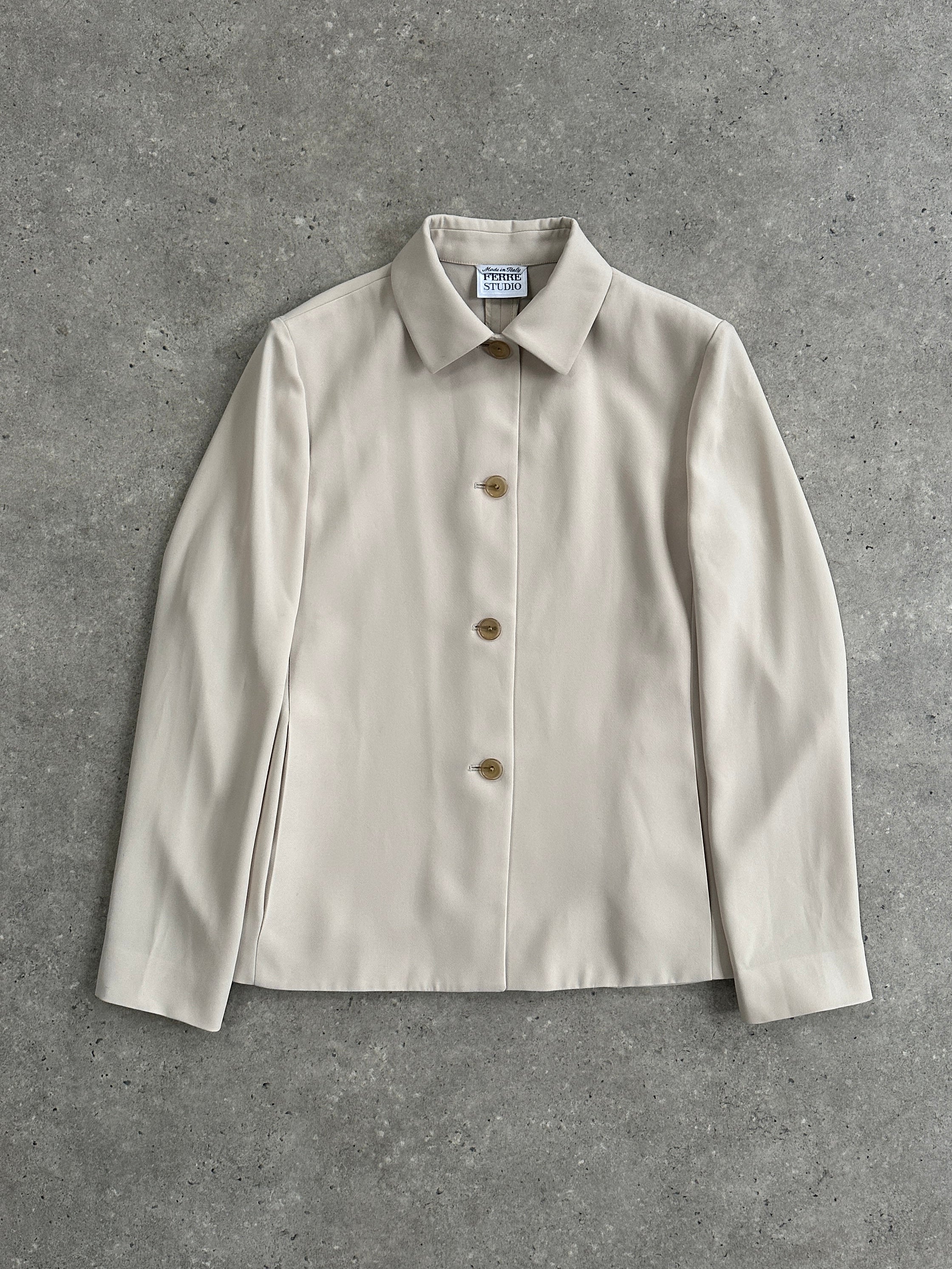 Gianfranco Ferre tailored shirt jacket in S/M, featuring a structured design and classic collar, displayed on a hanger.