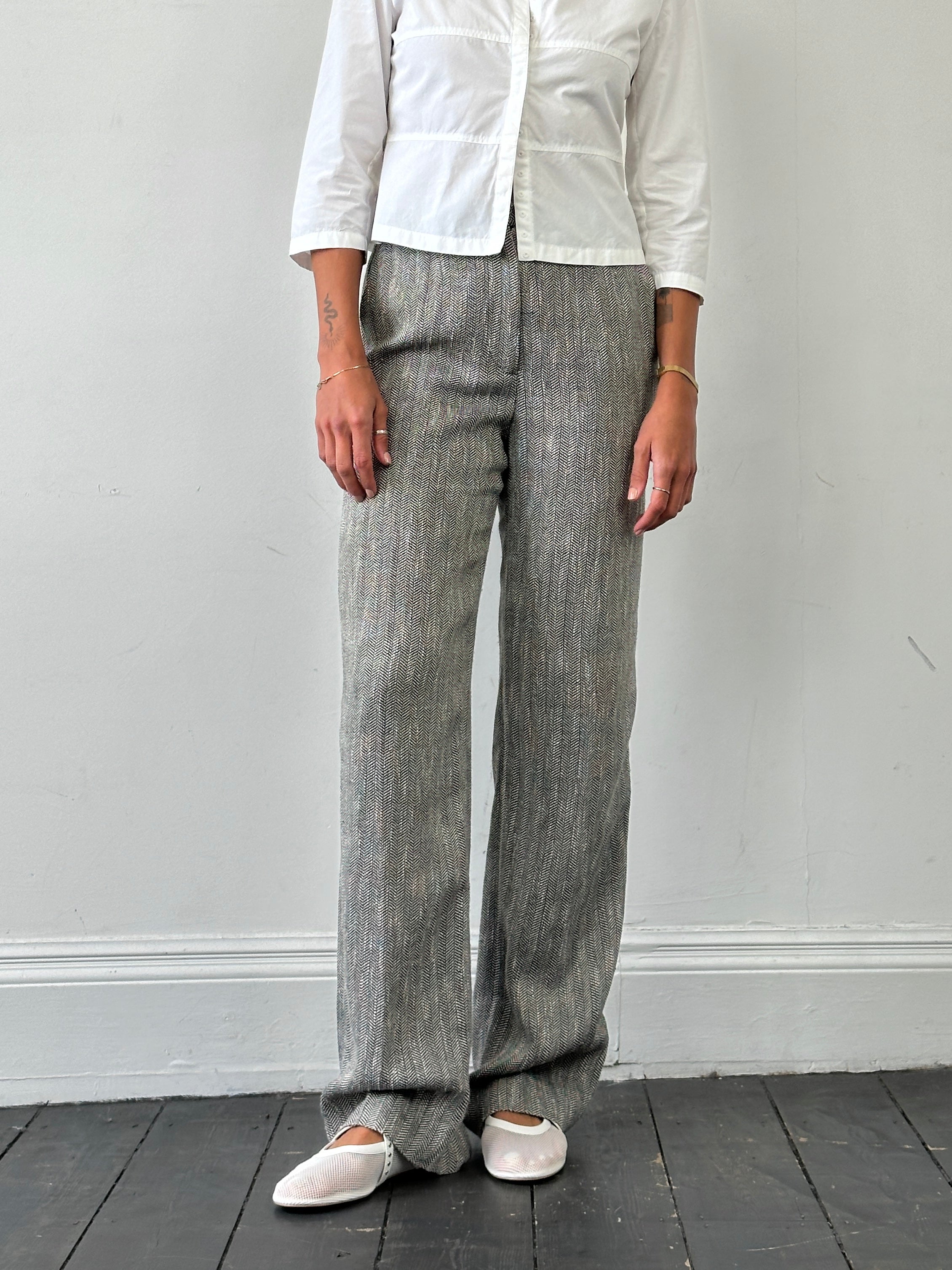 Max Mara cotton linen herringbone high-waisted trousers in beige, showcasing tailored fit and classic design.
