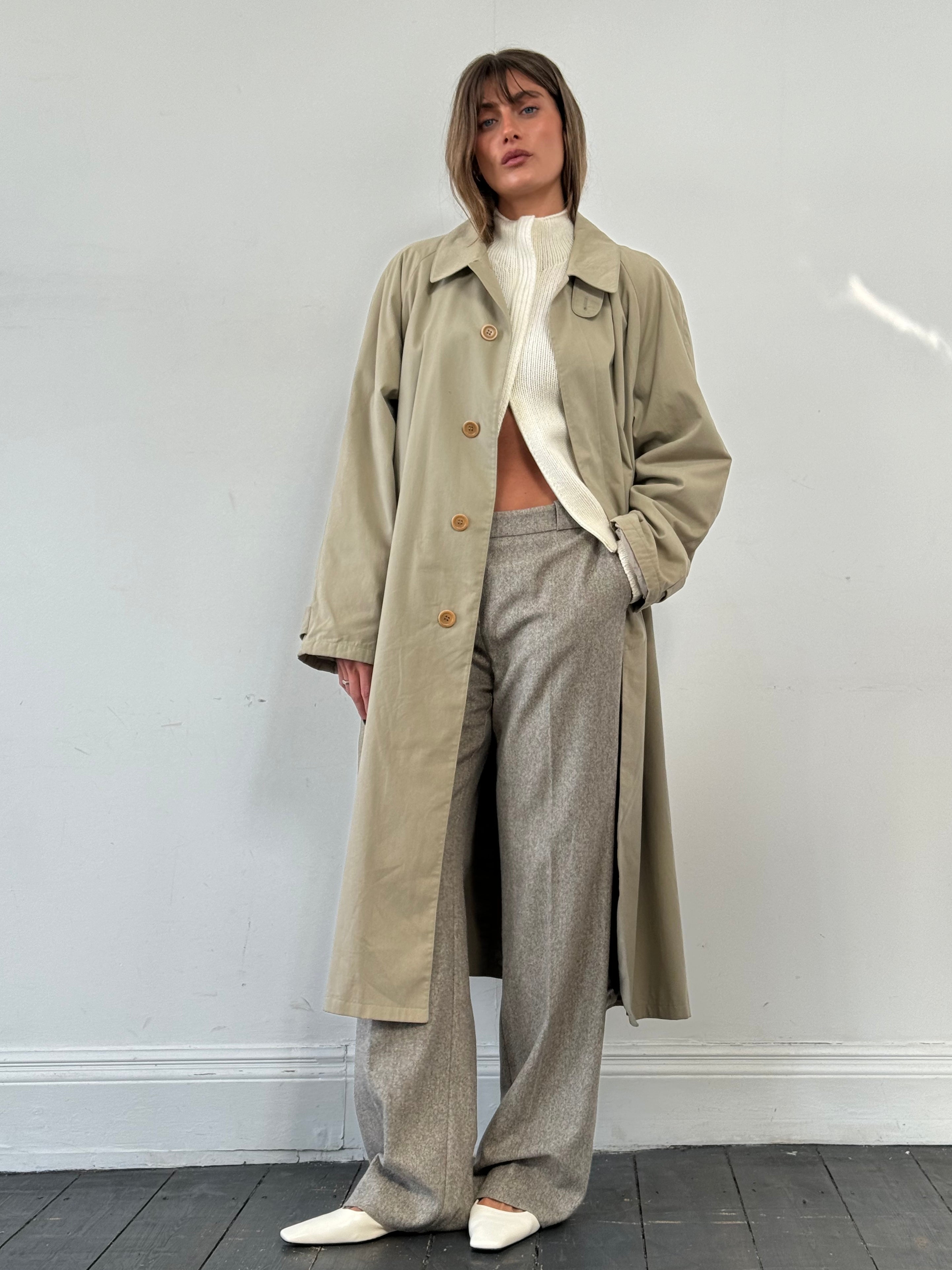 Giorgio Armani Le Collezioni cotton belted trench coat in XXL, beige color, featuring a classic collar and waist belt, full-length view.