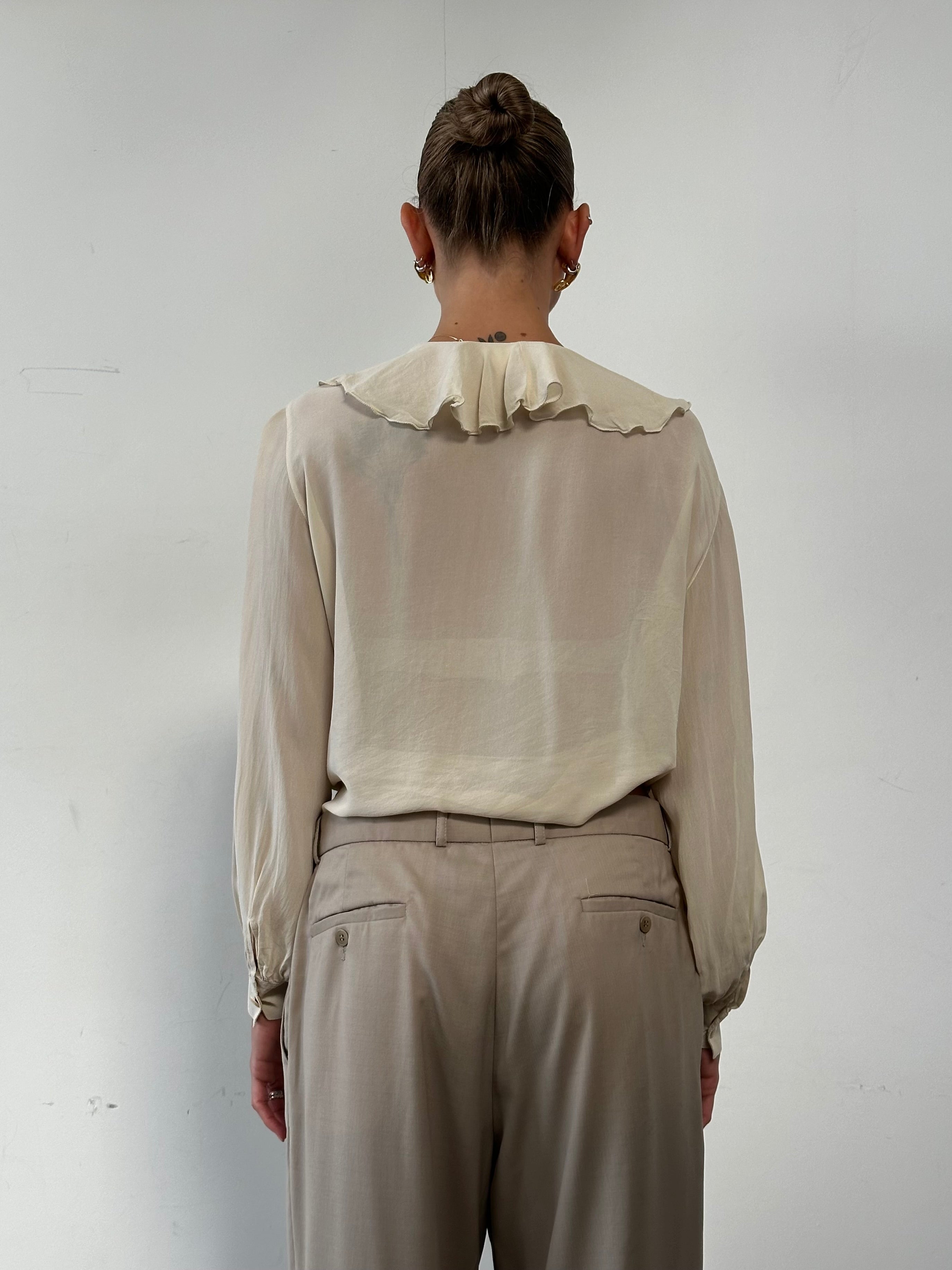 Max Mara pure silk frill wrap blouse in size large, featuring delicate ruffles and a sophisticated design.