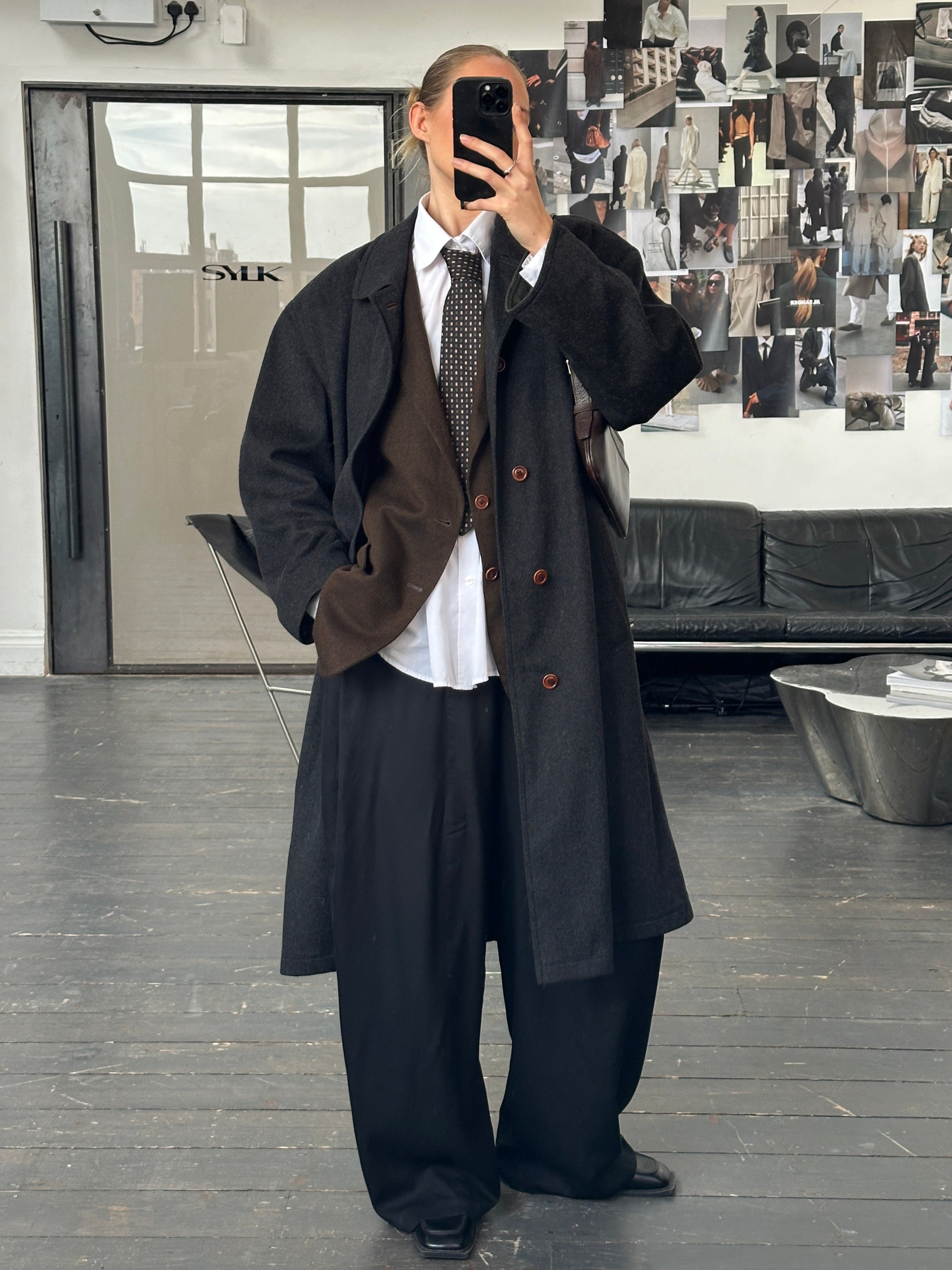 Vintage 1990s wool cashmere coat with concealed placket, in XL size, featuring classic design and textured fabric.