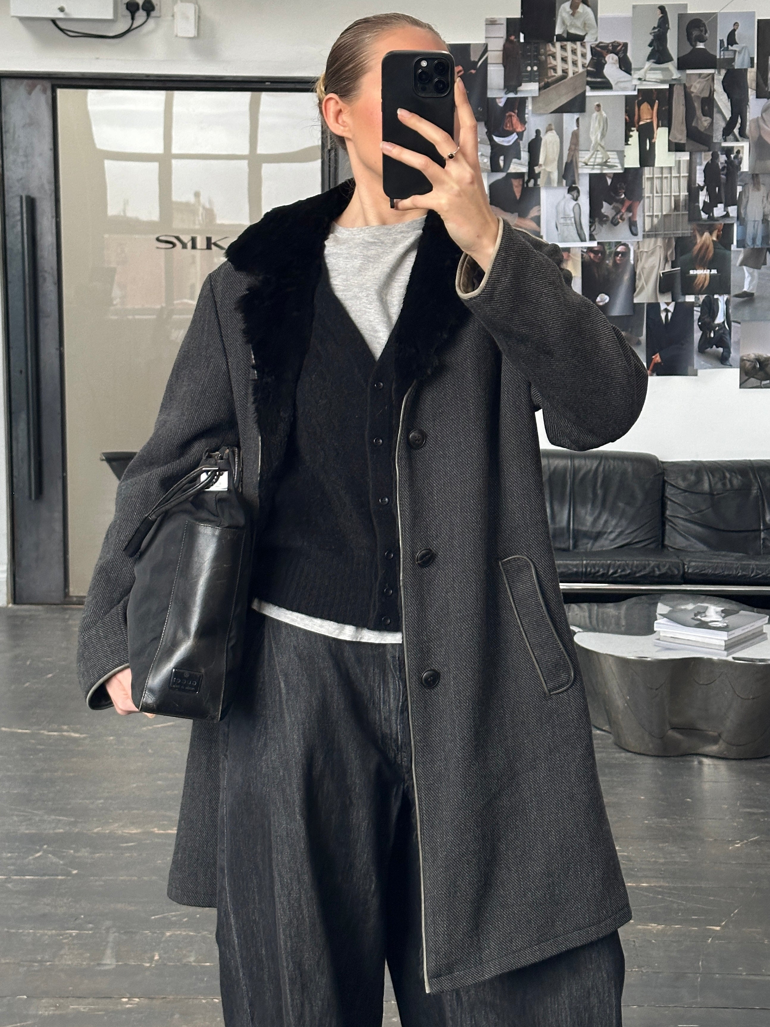Armani Collezioni 2000s wool coat with fur collar, size large, featuring tailored design and classic style.