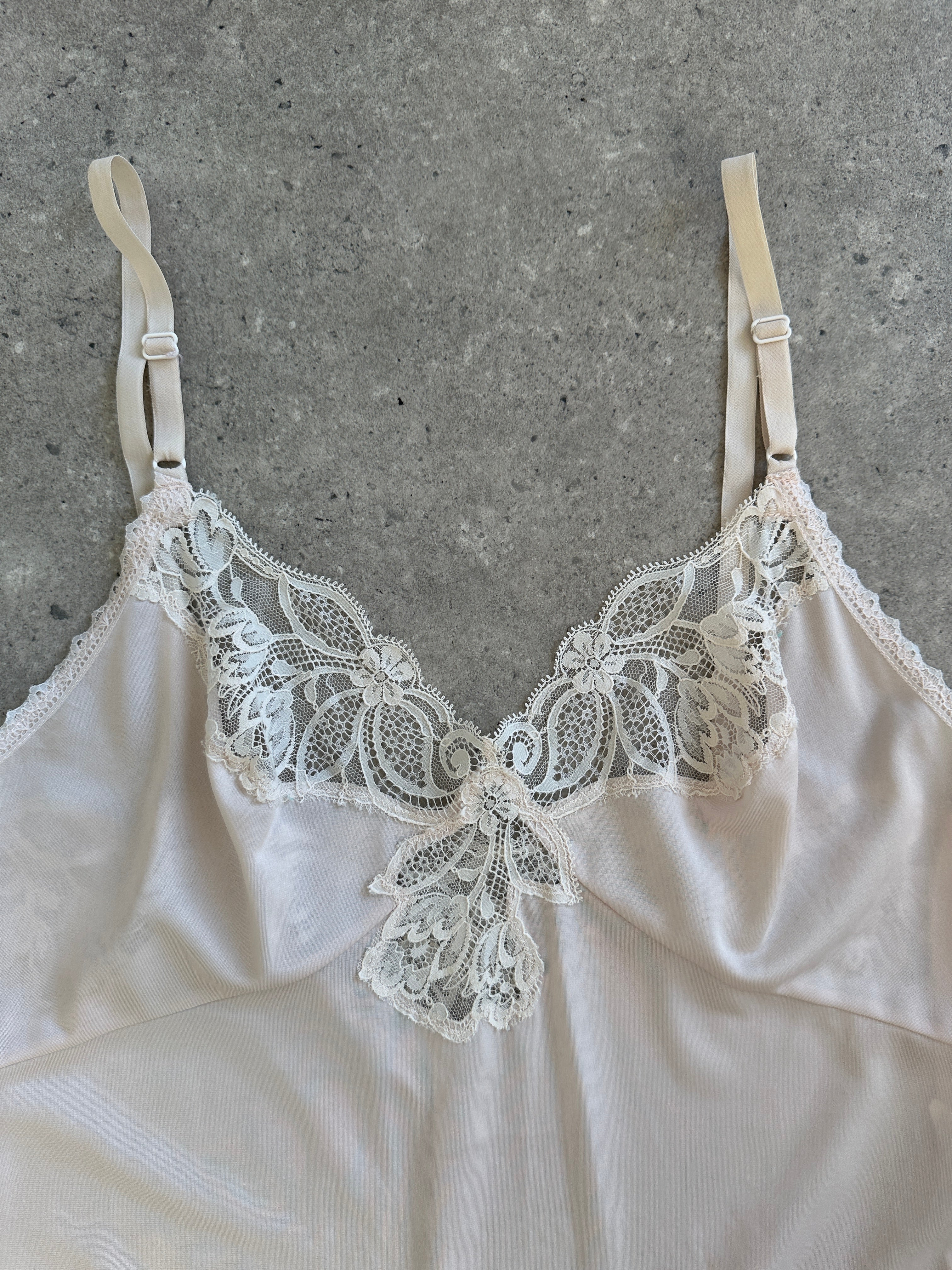 Vintage Japanese 1980s lace satin slip dress, size M, showcasing delicate lace details and elegant satin fabric.