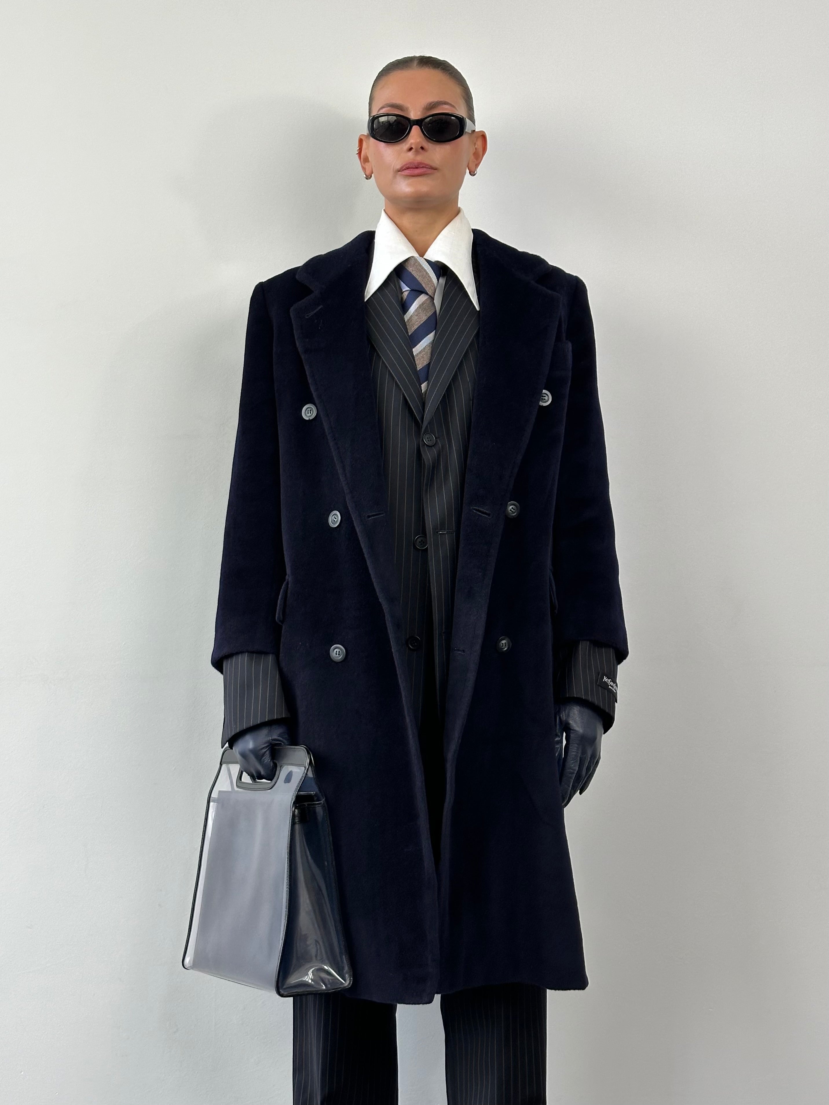 Max Mara pure wool double-breasted coat in size M, shown on a hanger with classic lapels and tailored fit.