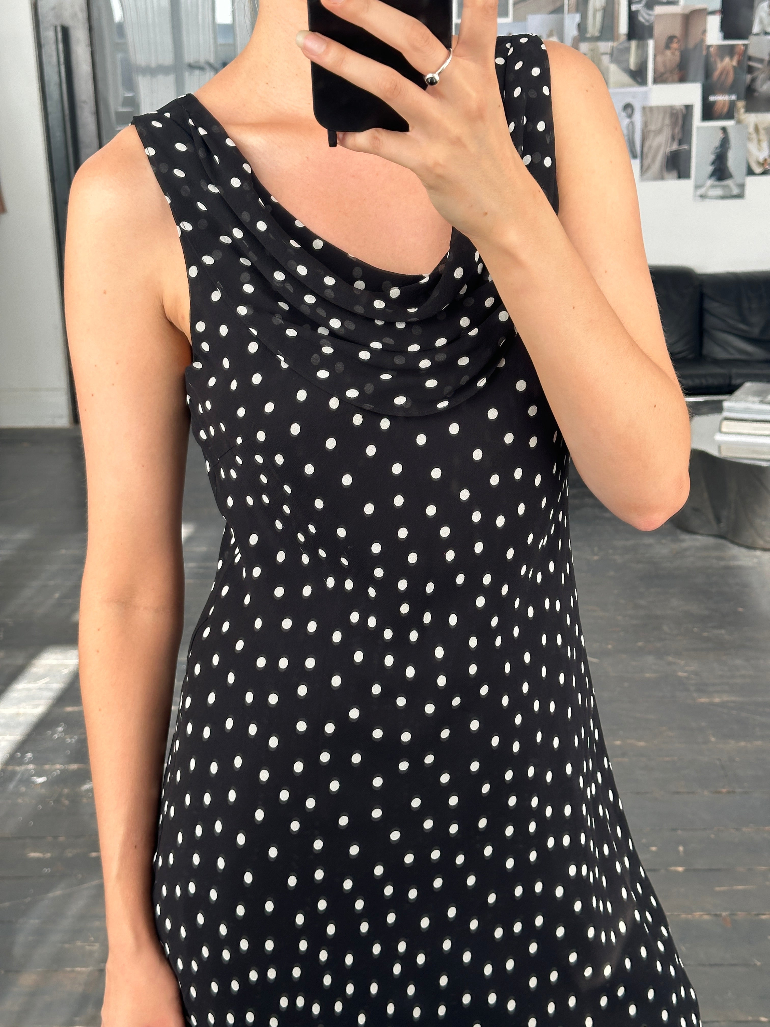 Vintage 2000s pure silk polka dot A-line maxi dress in size M, featuring a classic vintage style with a flowing silhouette.