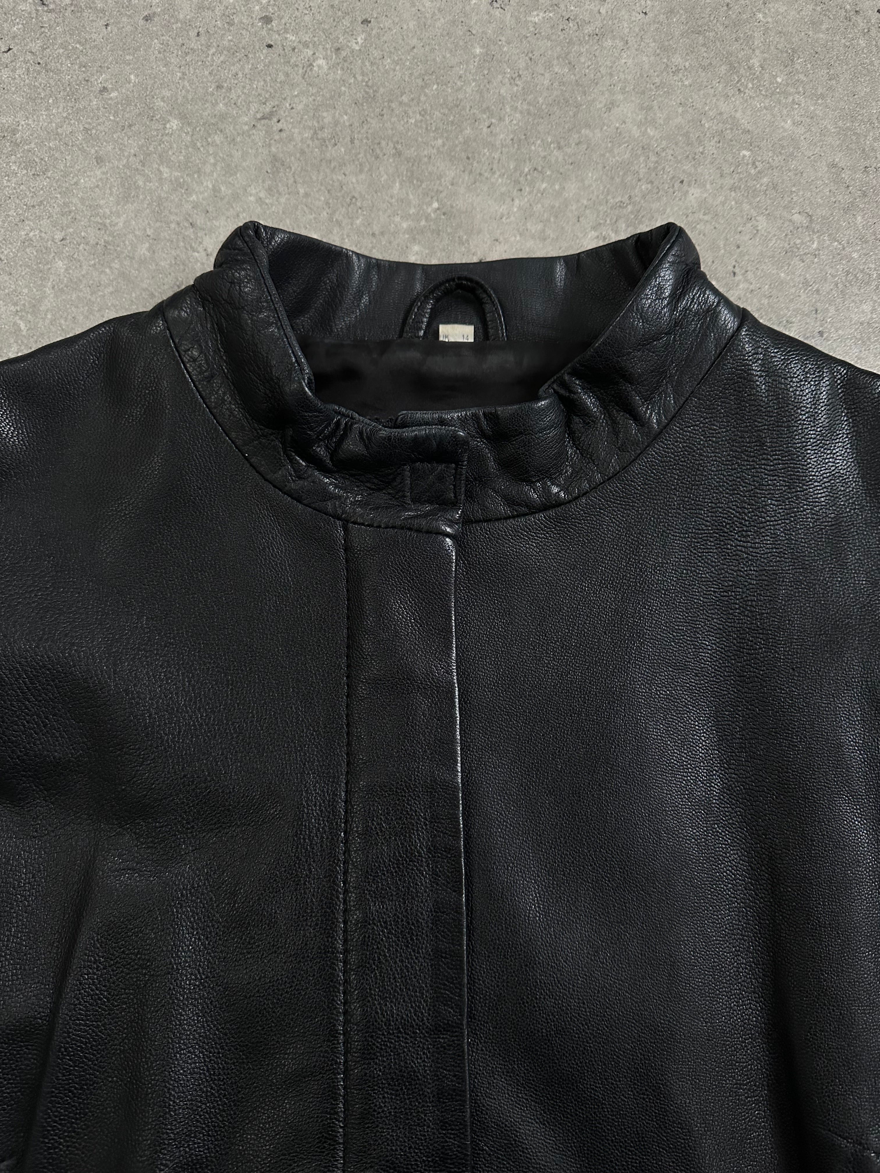 Vintage 1990s minimal round neck leather jacket in size M, featuring sleek design and classic black leather.