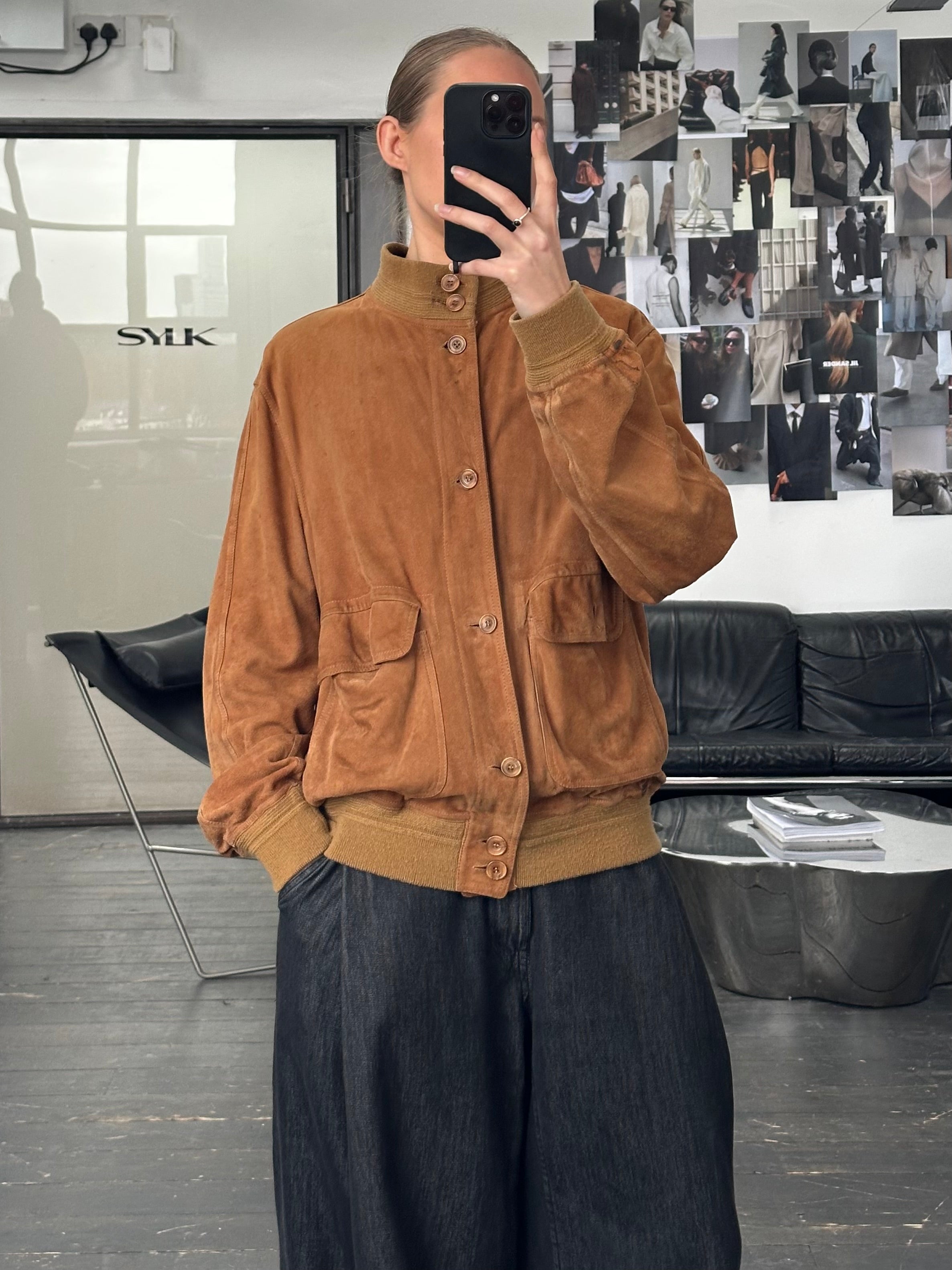 Vintage Italian 1980s reversible suede leather jacket, size large, showcasing classic retro style and soft textured suede.