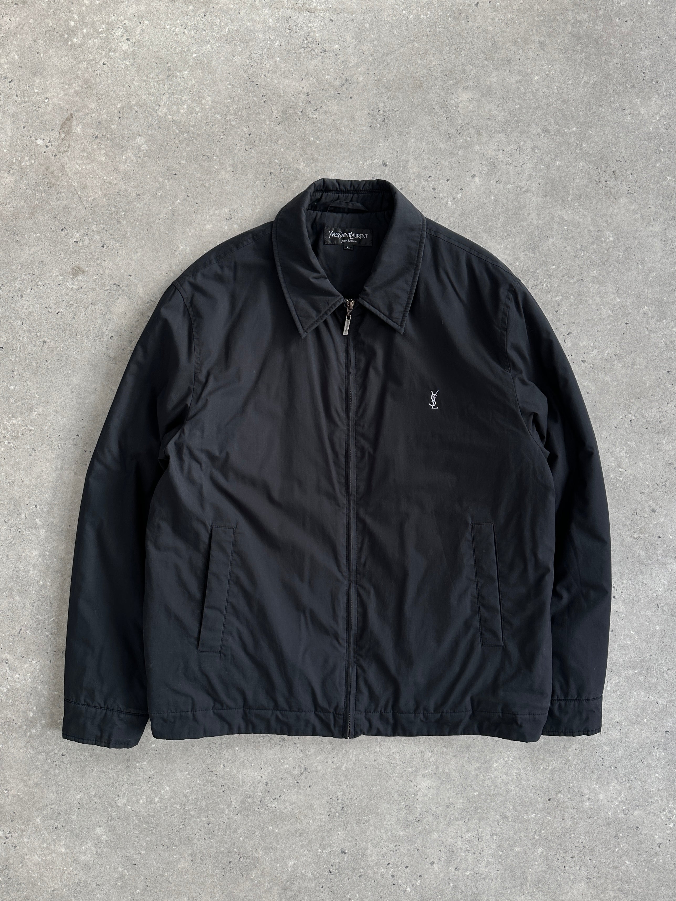 Yves Saint Laurent Pour Homme cotton logo bomber jacket in size L/XL, featuring classic design and brand logo details.