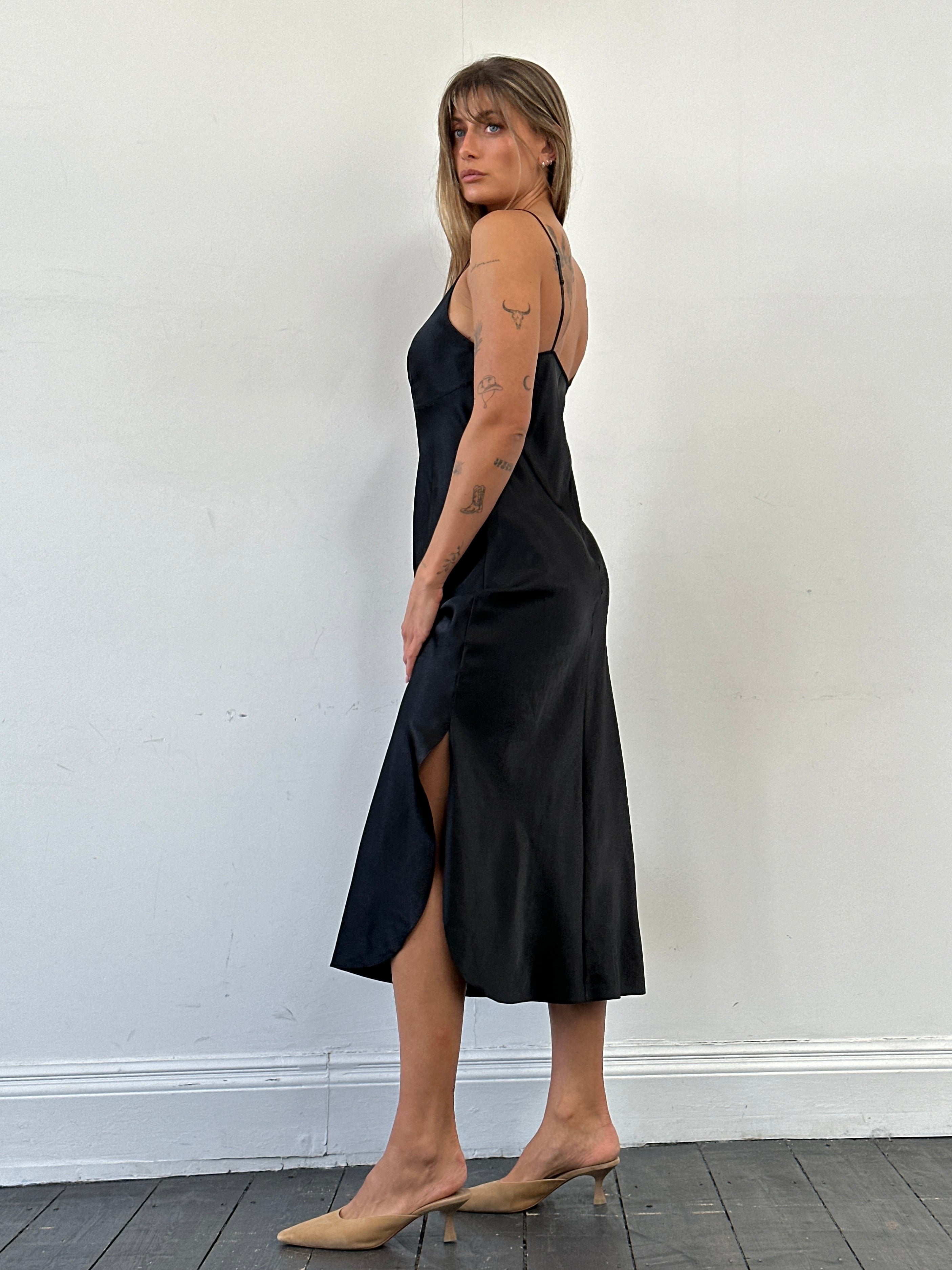 St Michael satin side split slip dress in size M, featuring a sleek design with a side slit and smooth satin fabric.