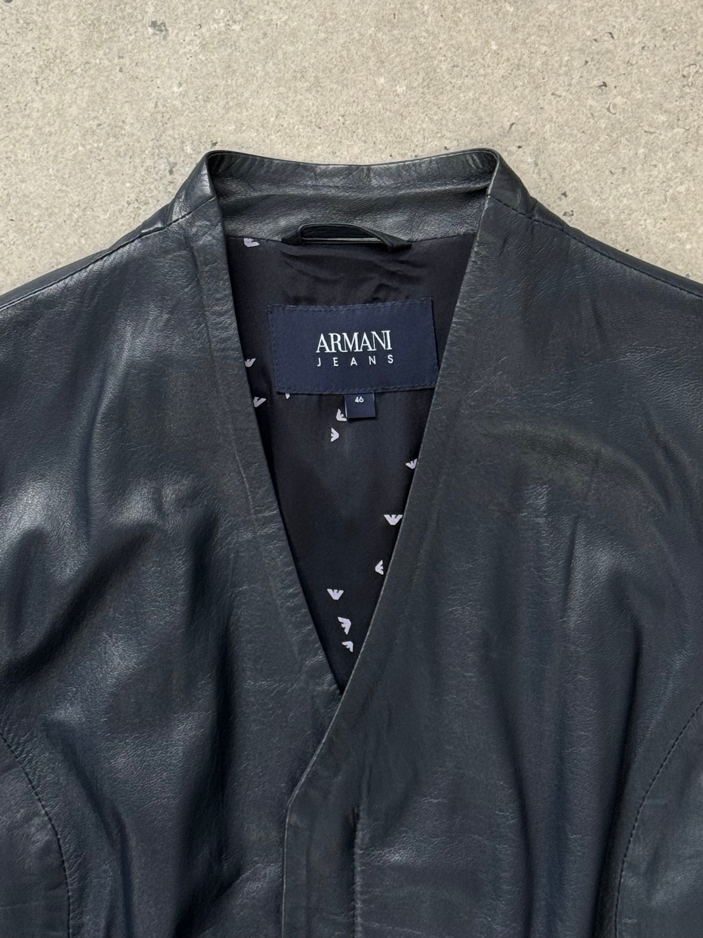 Armani Jeans 2000s lamb leather jacket in size S, black with classic design, showcasing smooth leather exterior and stylish collar.