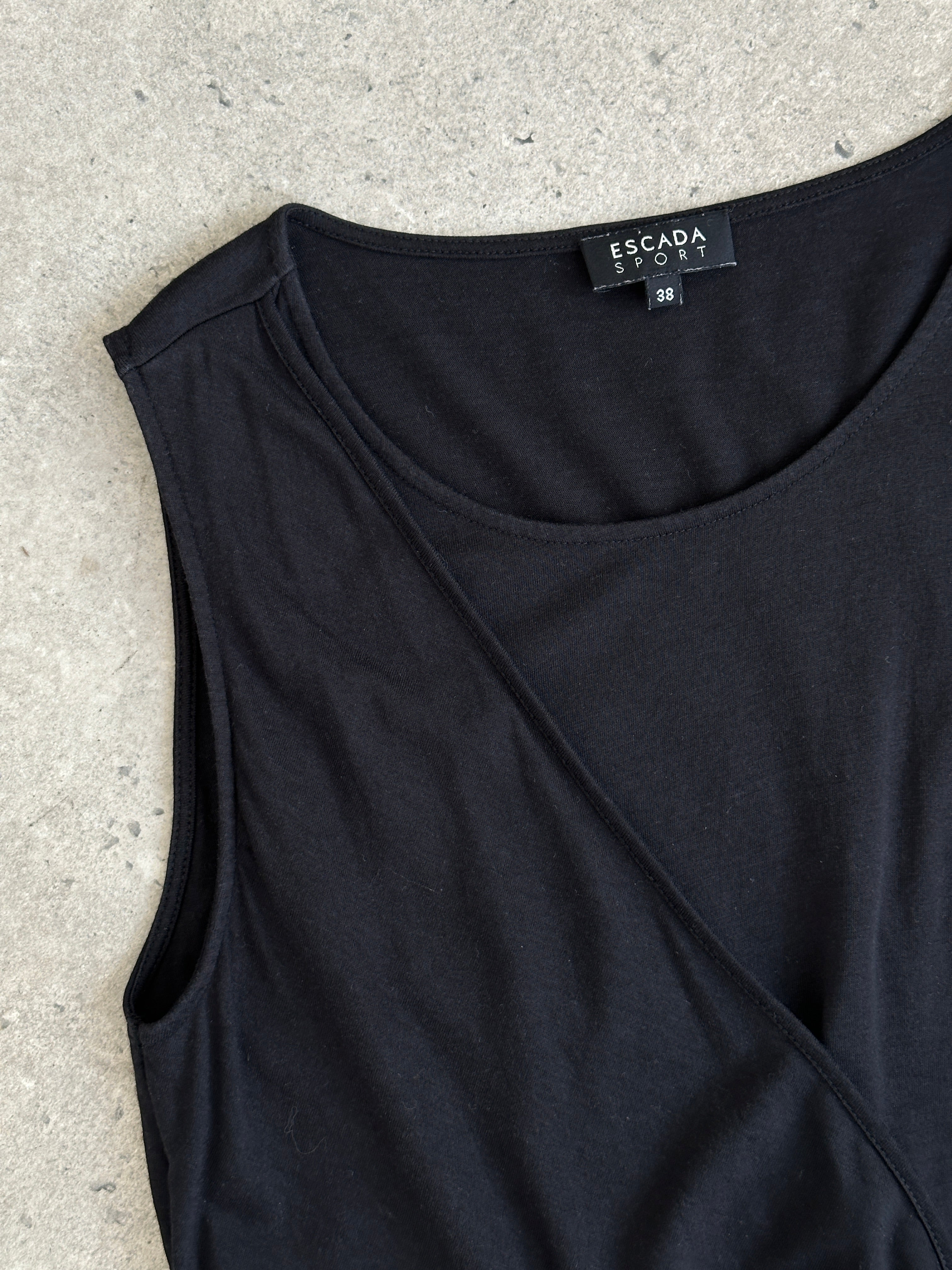 Escada Sport sleeveless wrap midi dress with tie belt in elegant 2000s style, black fabric, size S-M.
