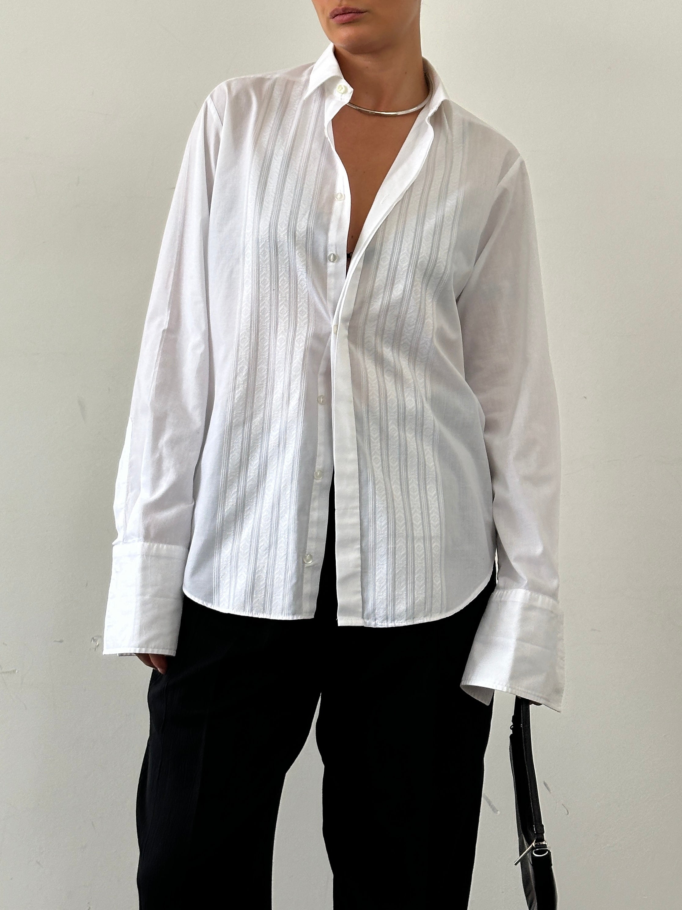 St Michael British circa 90s cotton tuxedo dress shirt in size L, white with black trim, featuring classic collar and button front.