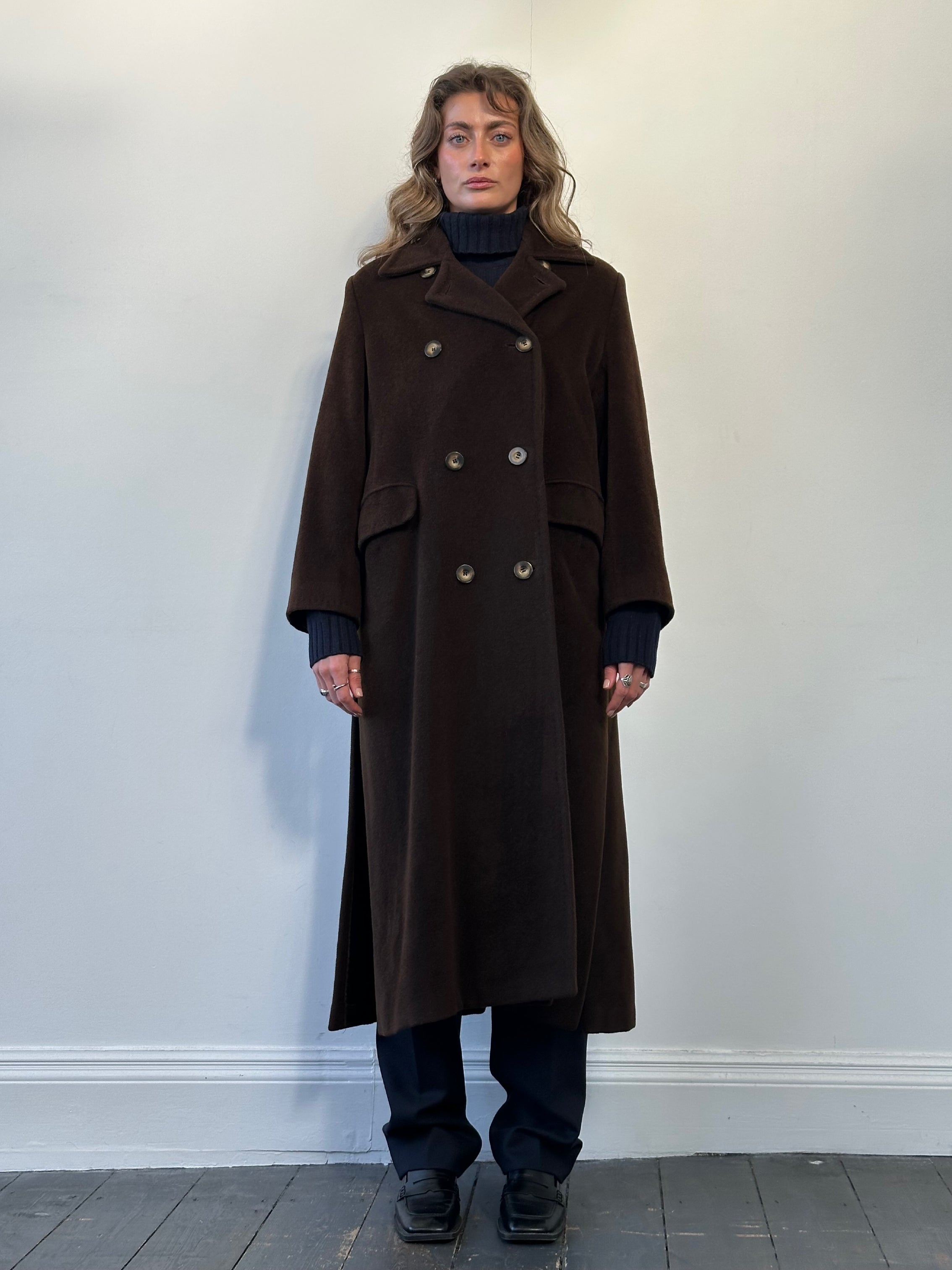 Max Mara wool and cashmere double-breasted floor-length coat in size L, featuring classic lapels and a tailored fit.