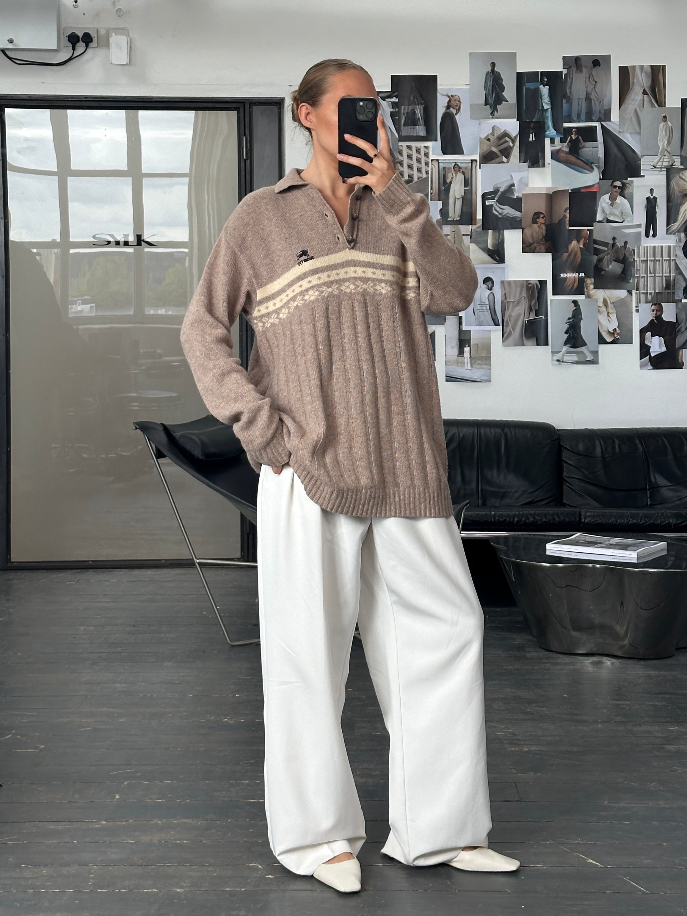 Burberry 1990s wool Fair Isle logo polo jumper in XL, featuring classic patterned design and ribbed collar and cuffs.