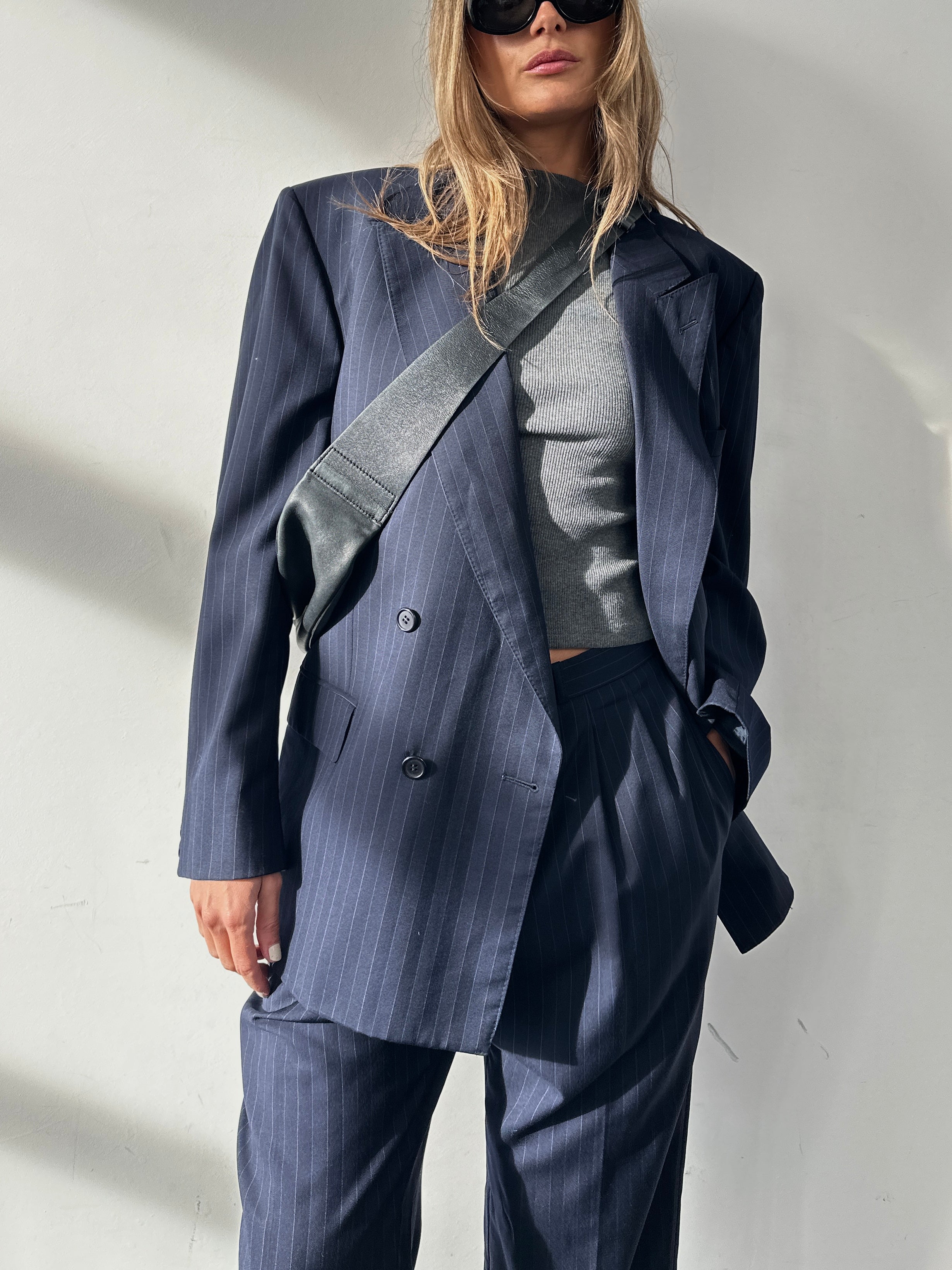 Christian Dior Monsieur pinstripe pure wool double-breasted suit in size 44S/W34, shown on a mannequin.
