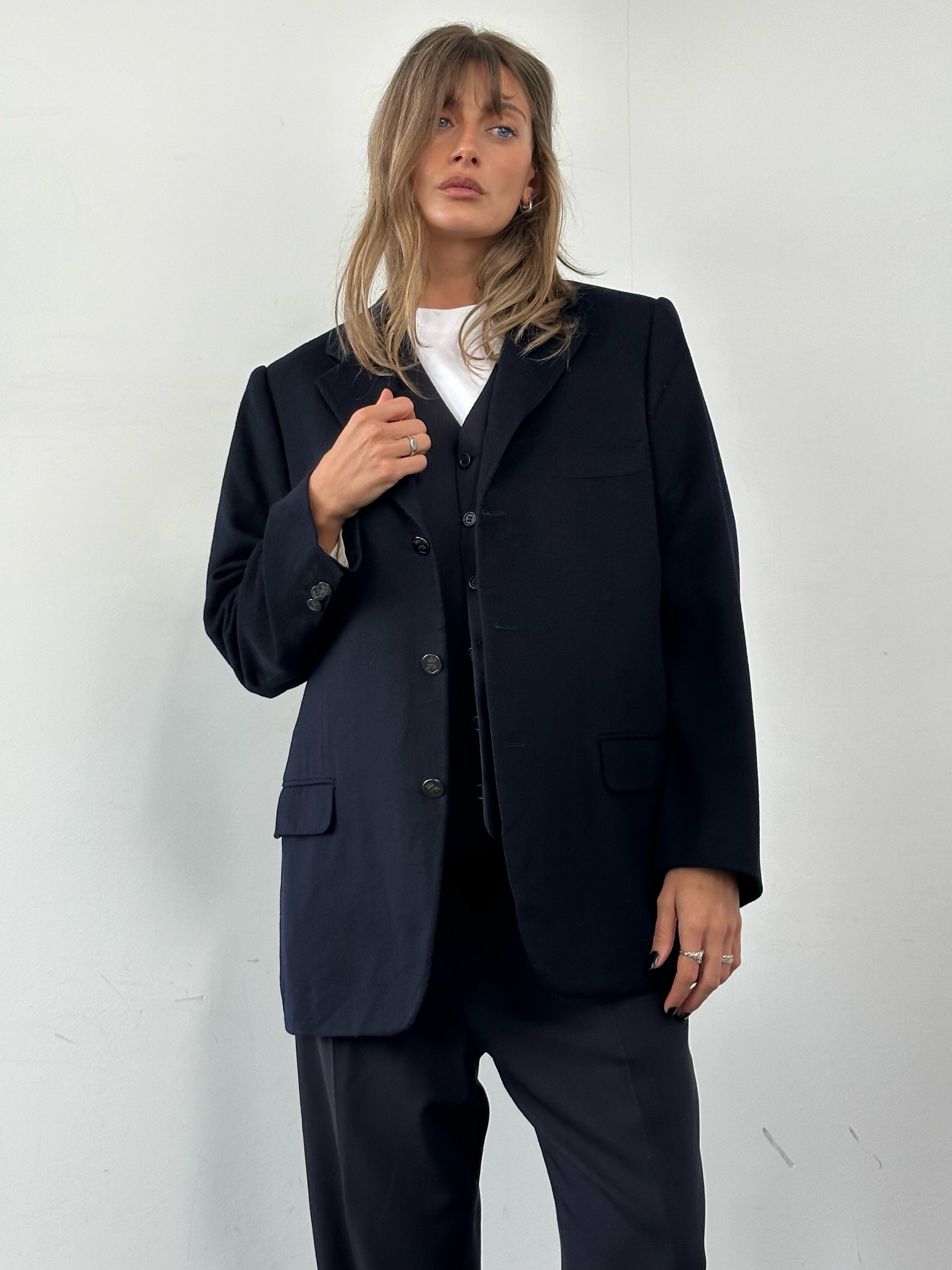 Aquascutum x Loro Piana brushed pure wool blazer in size 42R/XL, tailored fit, navy color, showing front view with lapels.