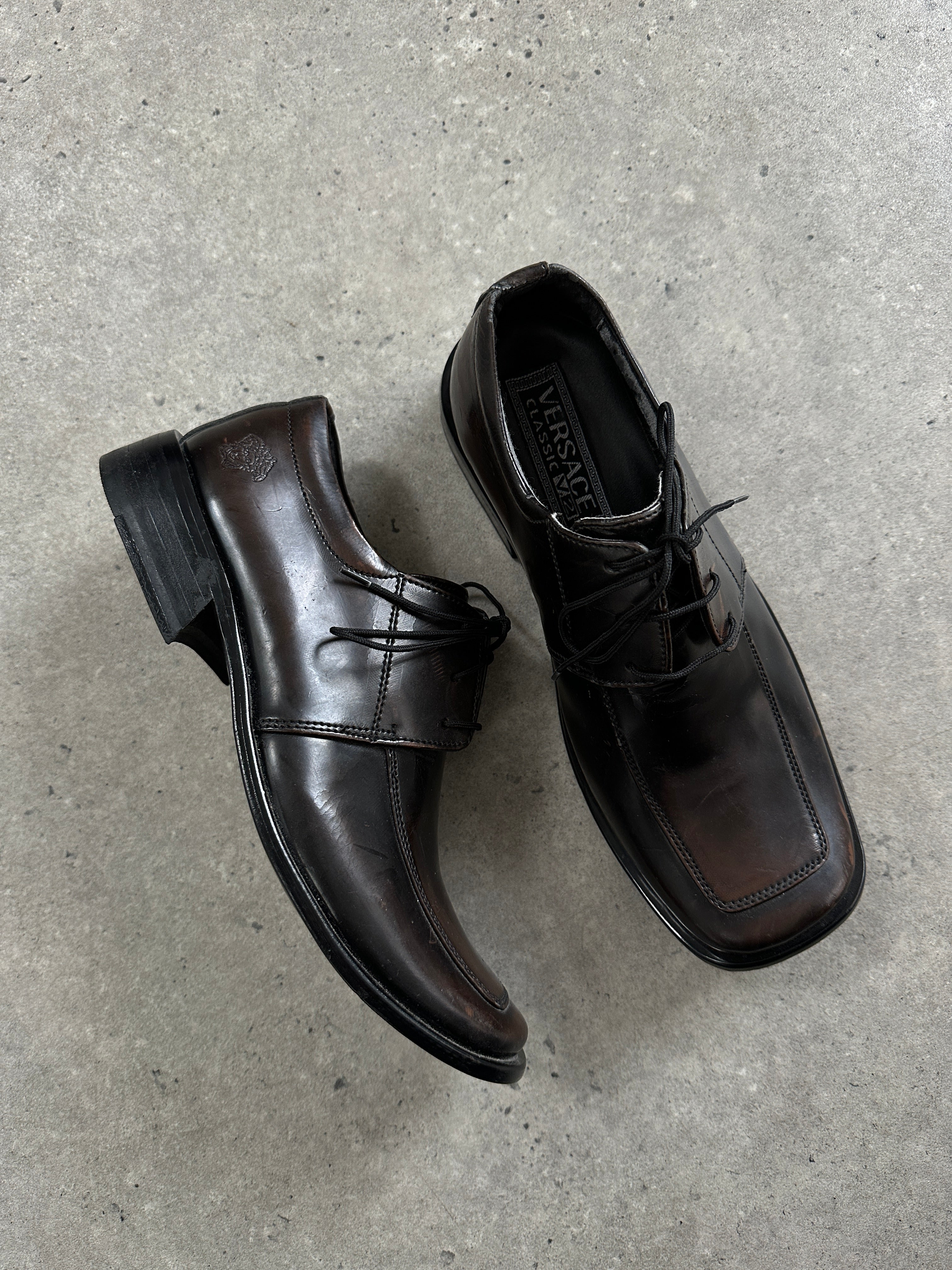 Versace Classic V2 leather square toe loafers in UK size 7, featuring sleek design and premium craftsmanship.