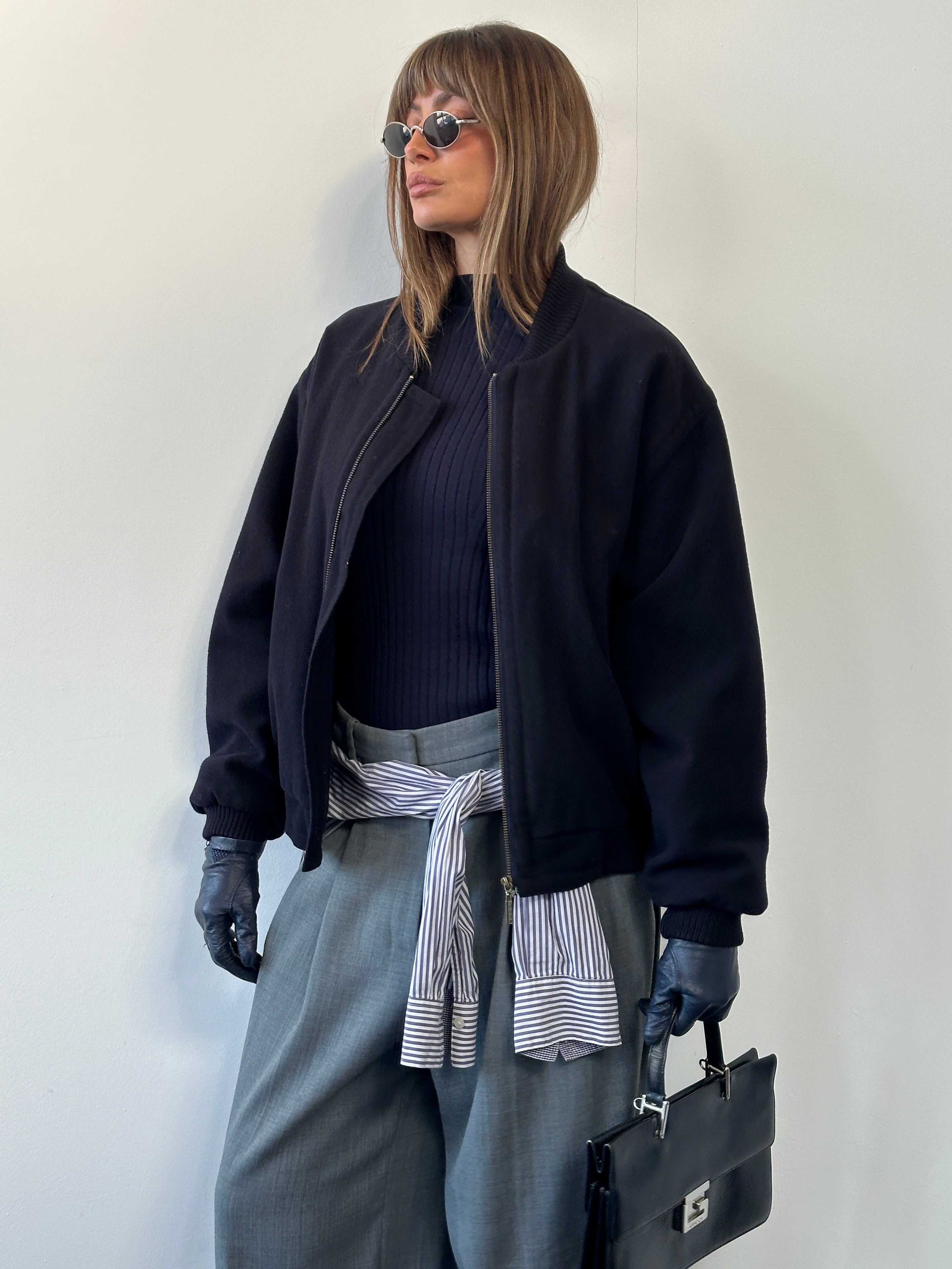 St Michael 1980s pure wool bomber jacket in size L, navy blue with ribbed collar and cuffs, vintage style, front zipper closure.