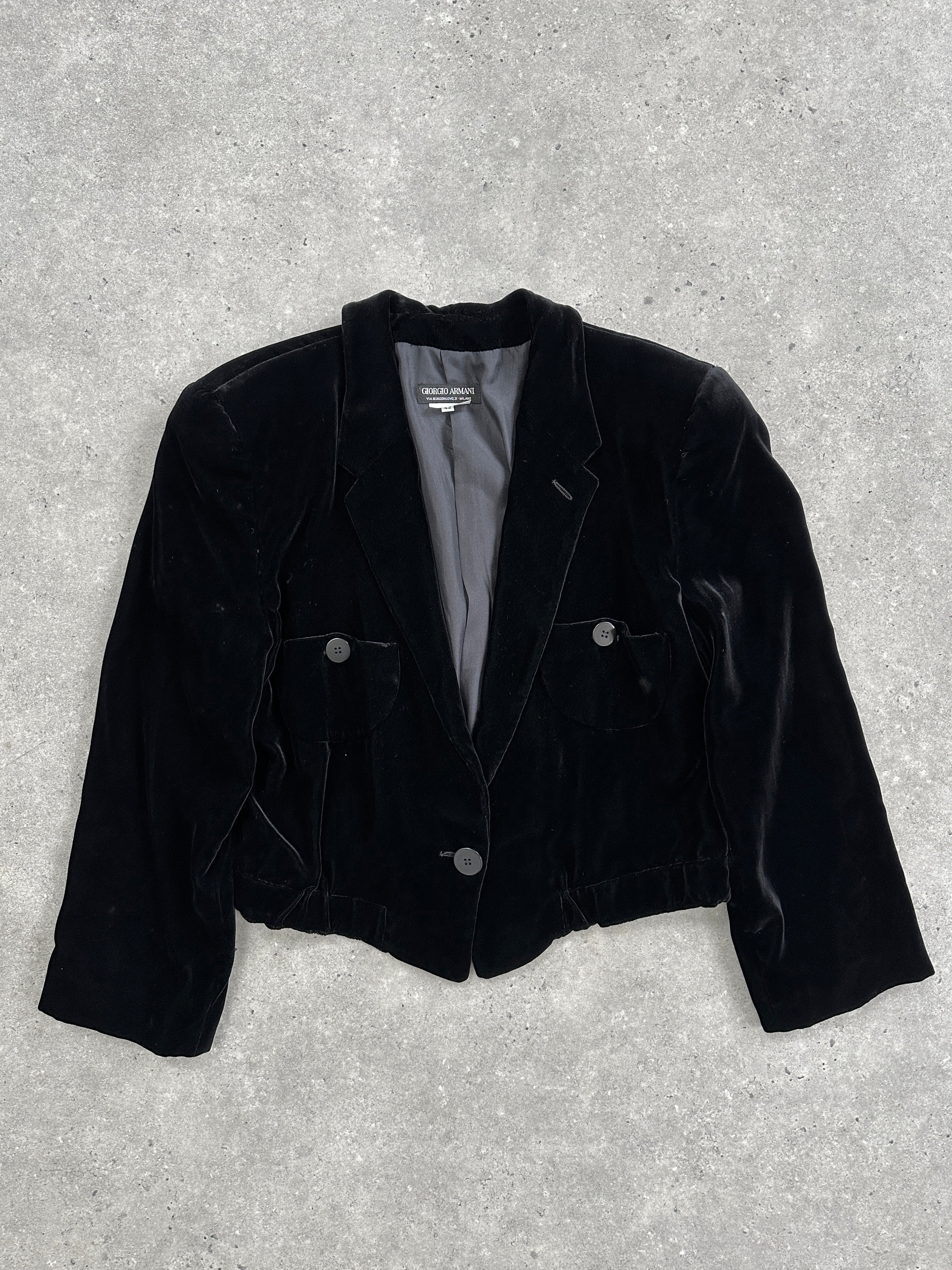 Giorgio Armani black velvet cropped blazer from the 1980s, stylish tailored blazer for women in size S.